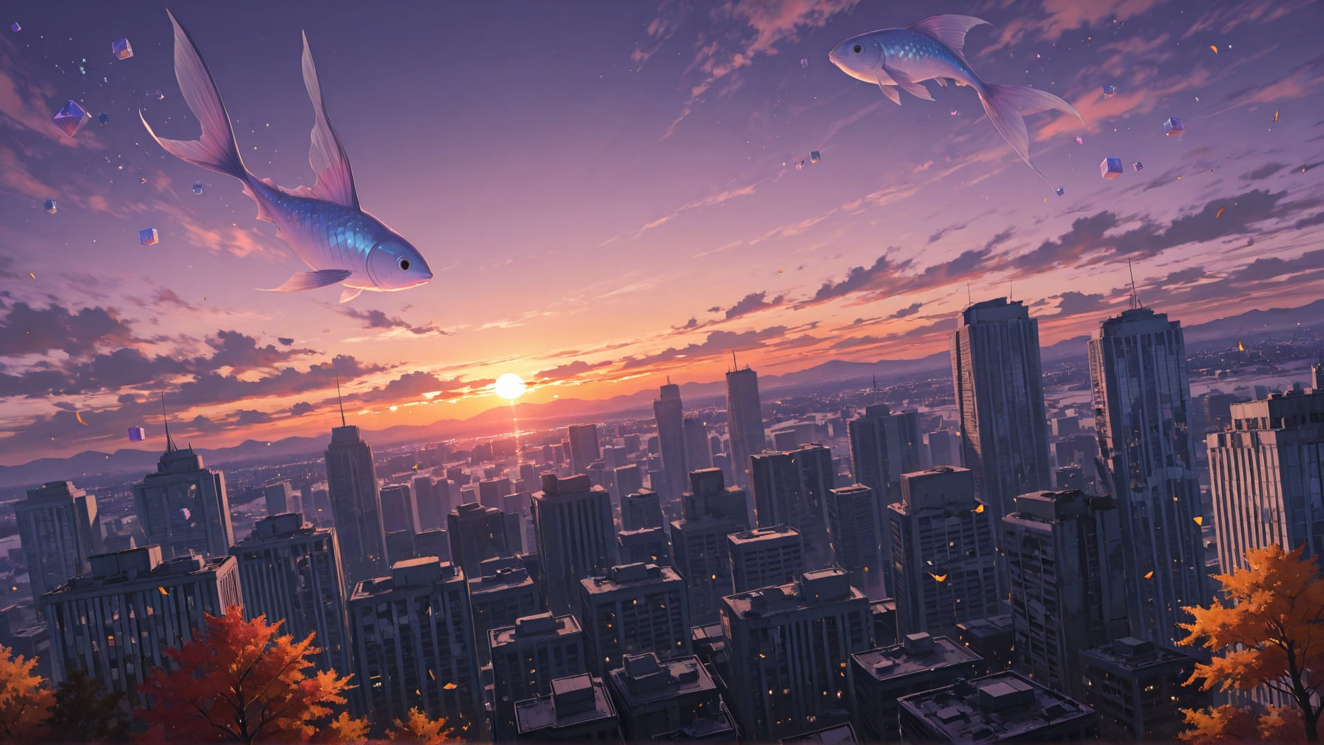 Purple Sunset City Cube smartphone wallpaper free download, vertical 16:9 format, Purple, Sunset, City, Autumn 001