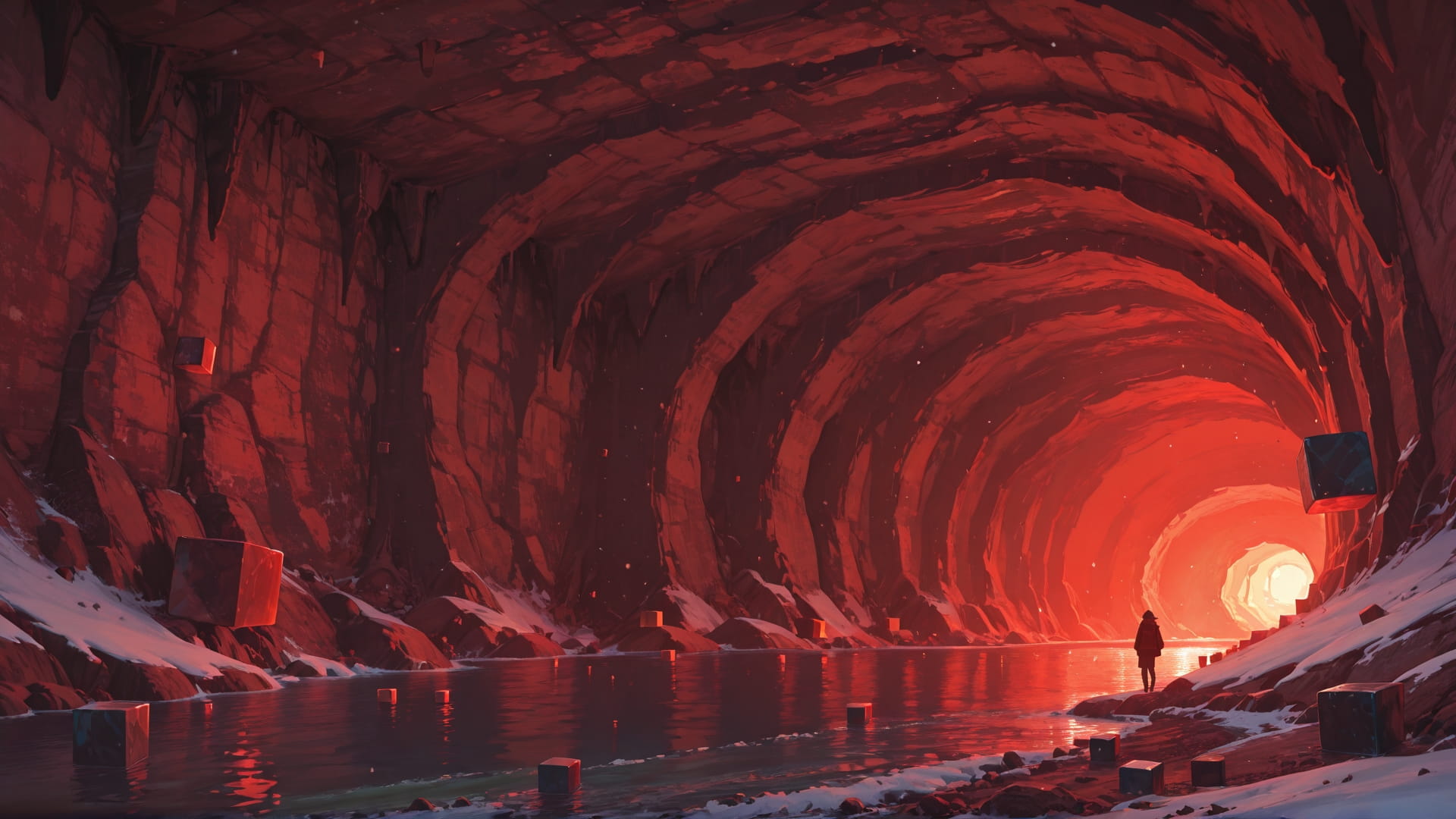 Red Afternoon Sea Cube smartphone wallpaper free download, vertical 16:9 format, Red, Afternoon, Sea, Winter 001