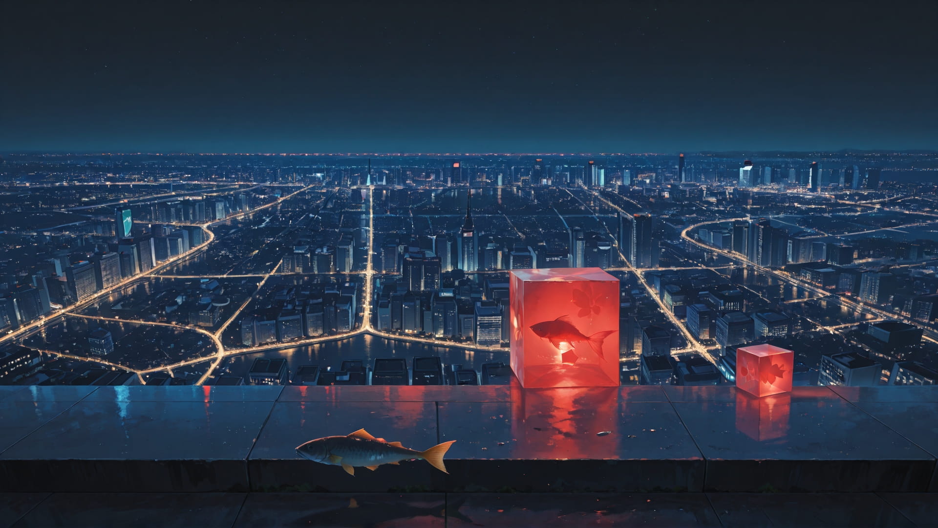 Red Night City Cube smartphone wallpaper free download, vertical 16:9 format, Red, Night, City, Summer 001