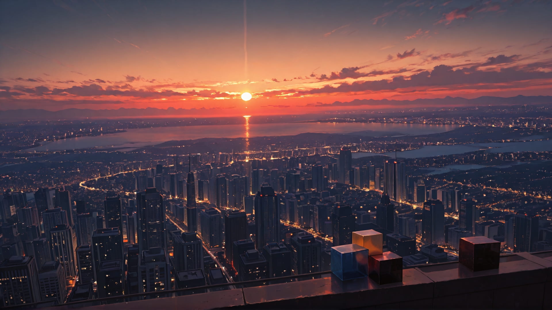 Red Sunset City Cube smartphone wallpaper free download, vertical 16:9 format, Red, Sunset, City, Spring 001