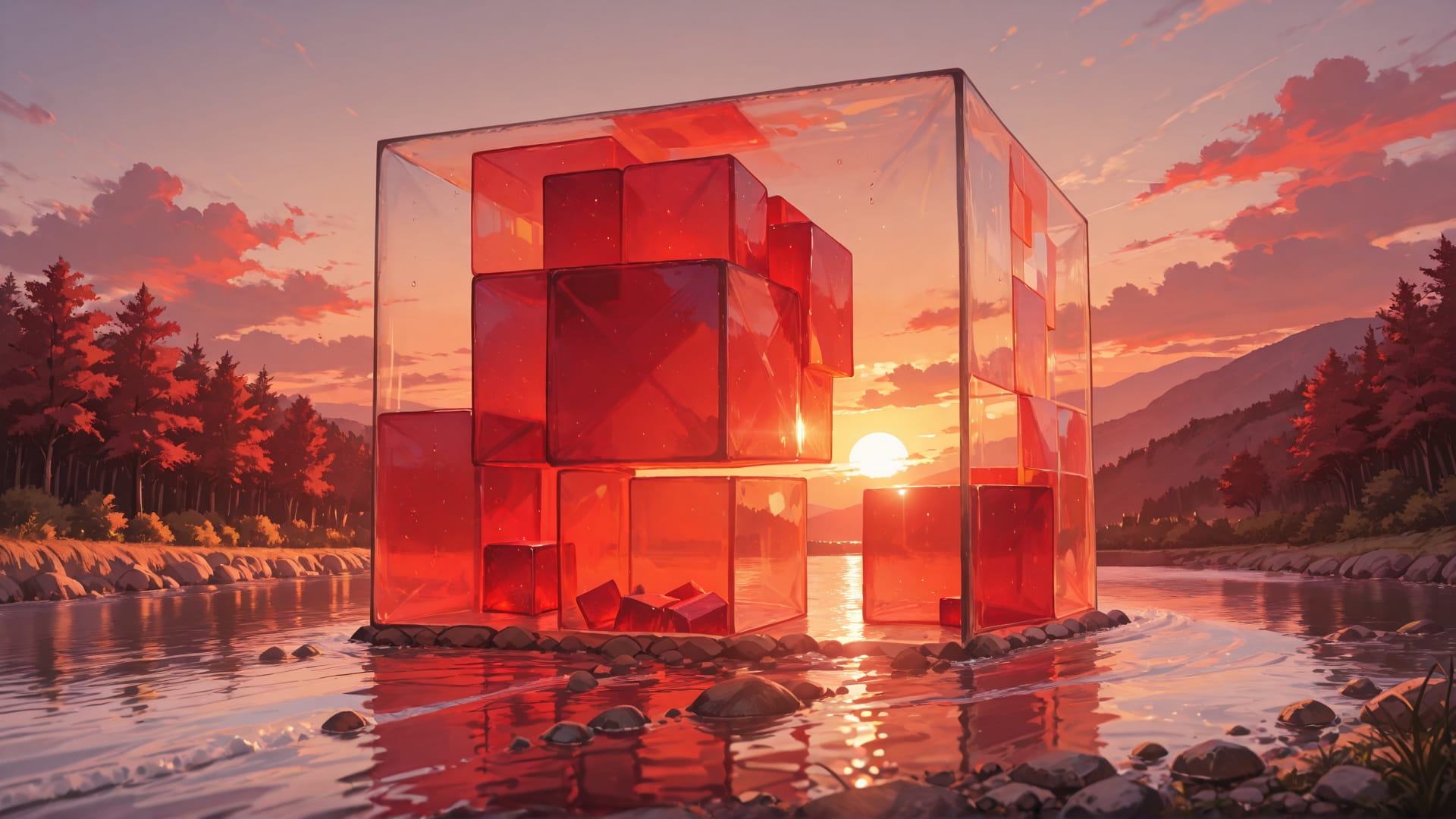 Red Sunset Sea Cube smartphone wallpaper free download, vertical 16:9 format, Red, Sunset, Sea, Summer 001