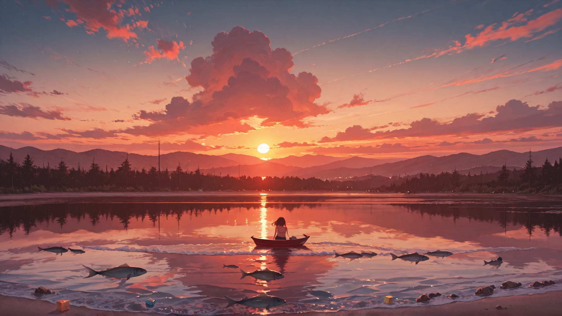 Red Sunset Sea Cube smartphone wallpaper free download, vertical 16:9 format, Red, Sunset, Sea, Summer 002