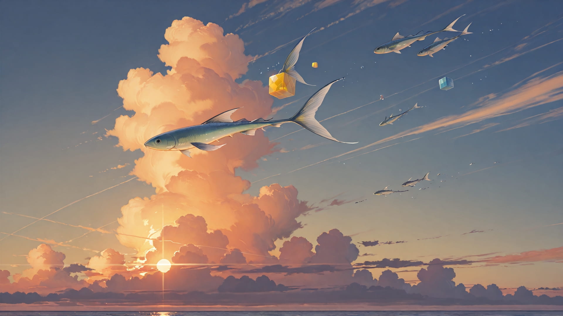 Yellow Sunset Sky Cube smartphone wallpaper free download, vertical 16:9 format, Yellow, Sunset, Sky, Summer 001