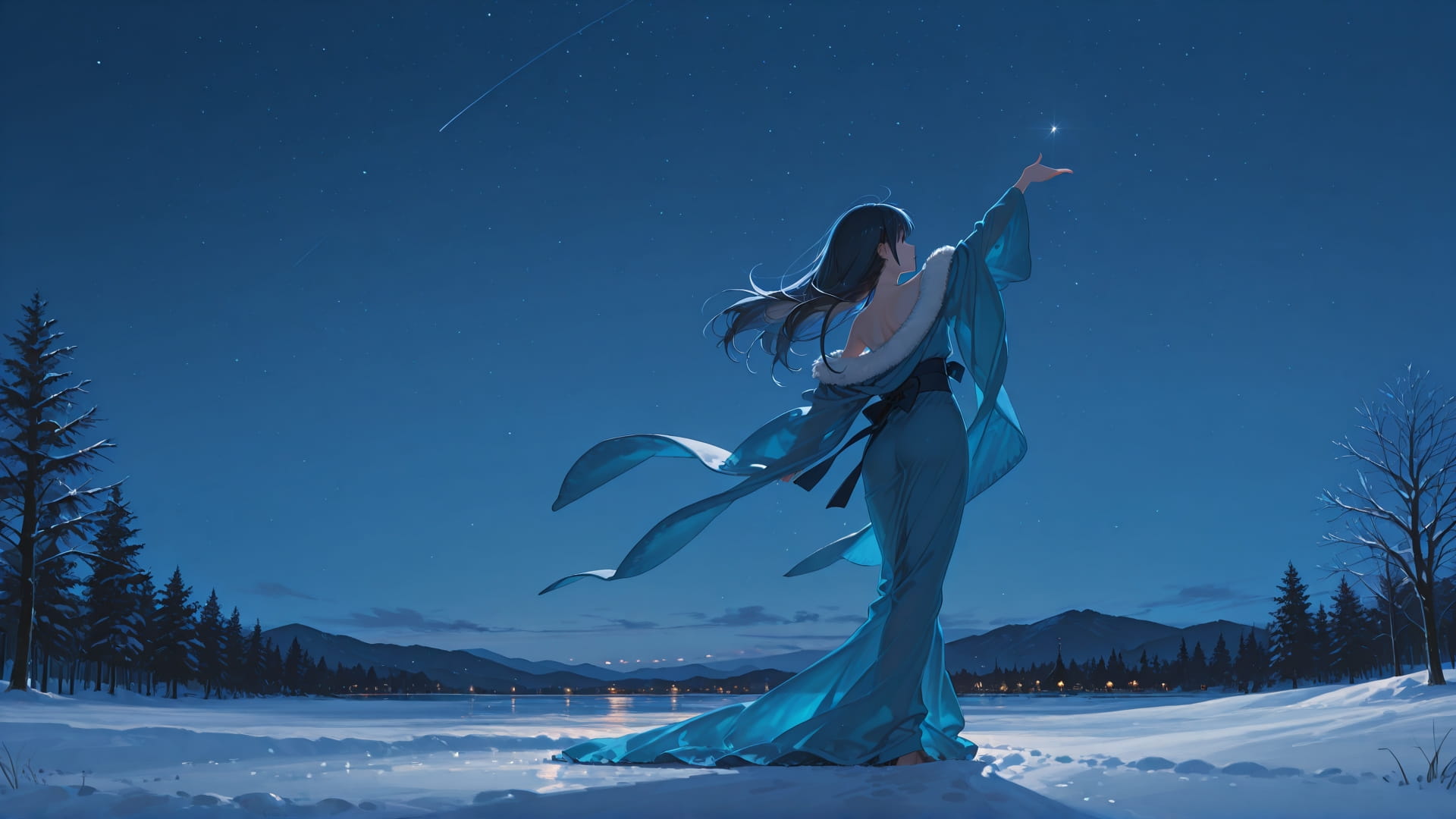 Blue Night Sky Dance smartphone wallpaper free download, vertical 16:9 format, Blue, Night, Sky, Winter 001