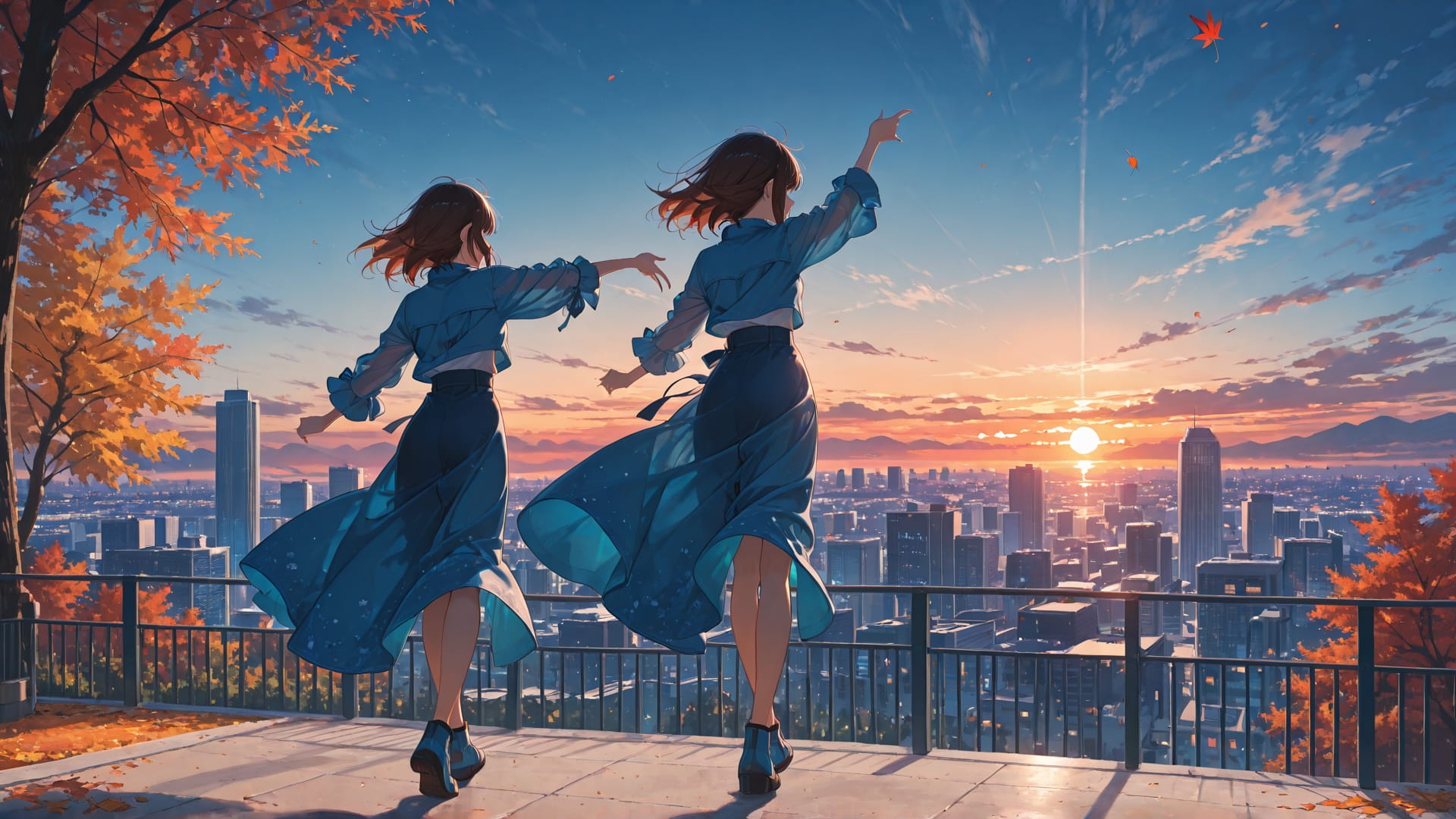 Blue Sunset City Dance smartphone wallpaper free download, vertical 16:9 format, Blue, Sunset, City, Autumn 001
