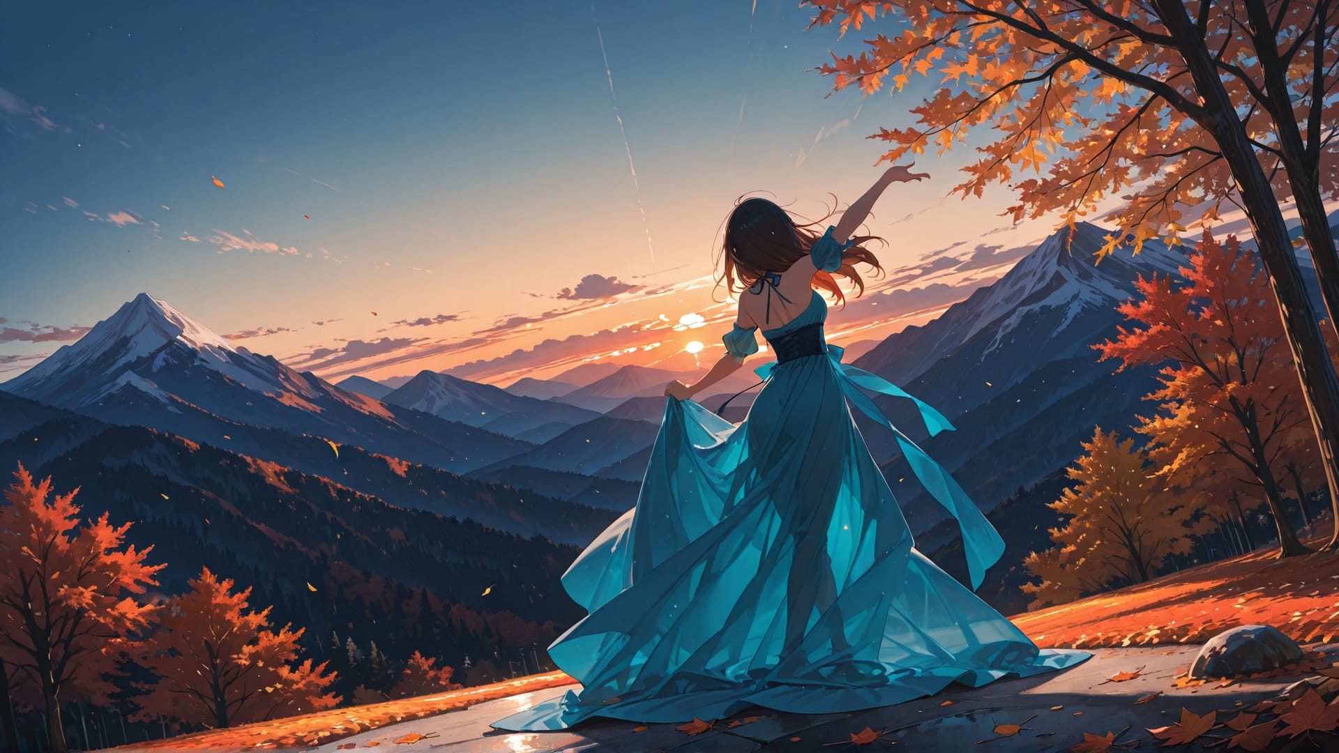Blue Sunset Mountain Dance smartphone wallpaper free download, vertical 16:9 format, Blue, Sunset, Mountain, Autumn 001