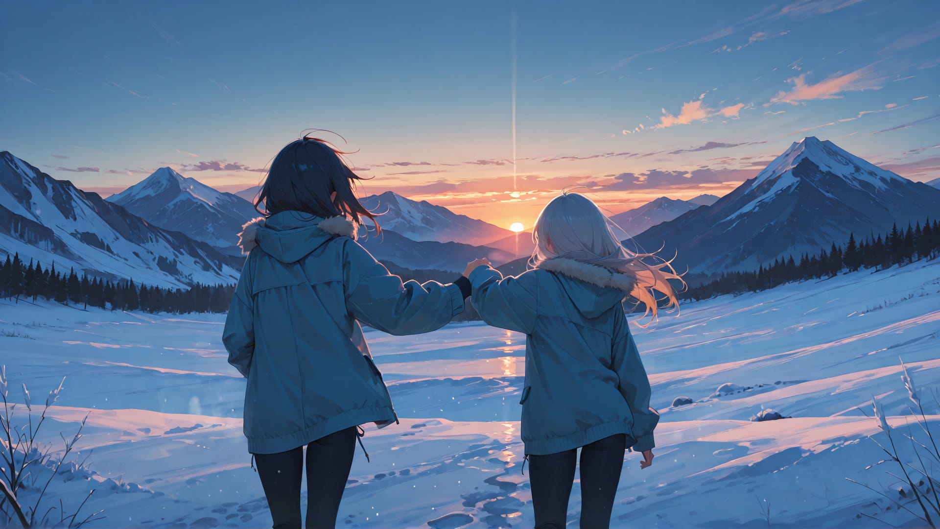 Blue Sunset Mountain Dance smartphone wallpaper free download, vertical 16:9 format, Blue, Sunset, Mountain, Winter 001