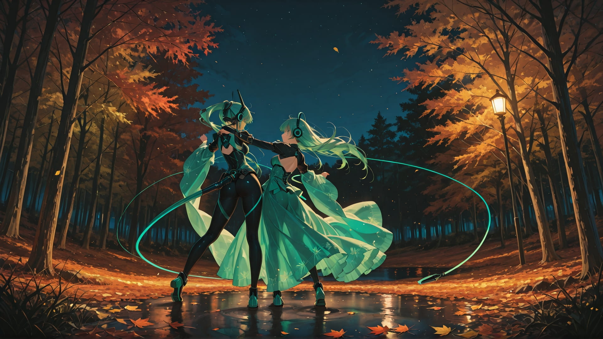 Green Night Nature Dance smartphone wallpaper free download, vertical 16:9 format, Green, Night, Nature, Autumn