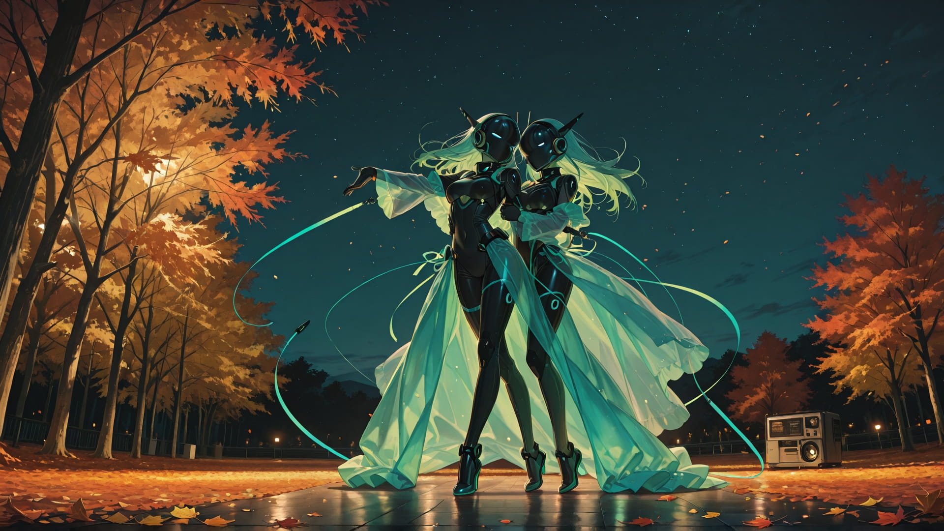 Green Night Sky Dance smartphone wallpaper free download, vertical 16:9 format, Green, Night, Sky, Autumn