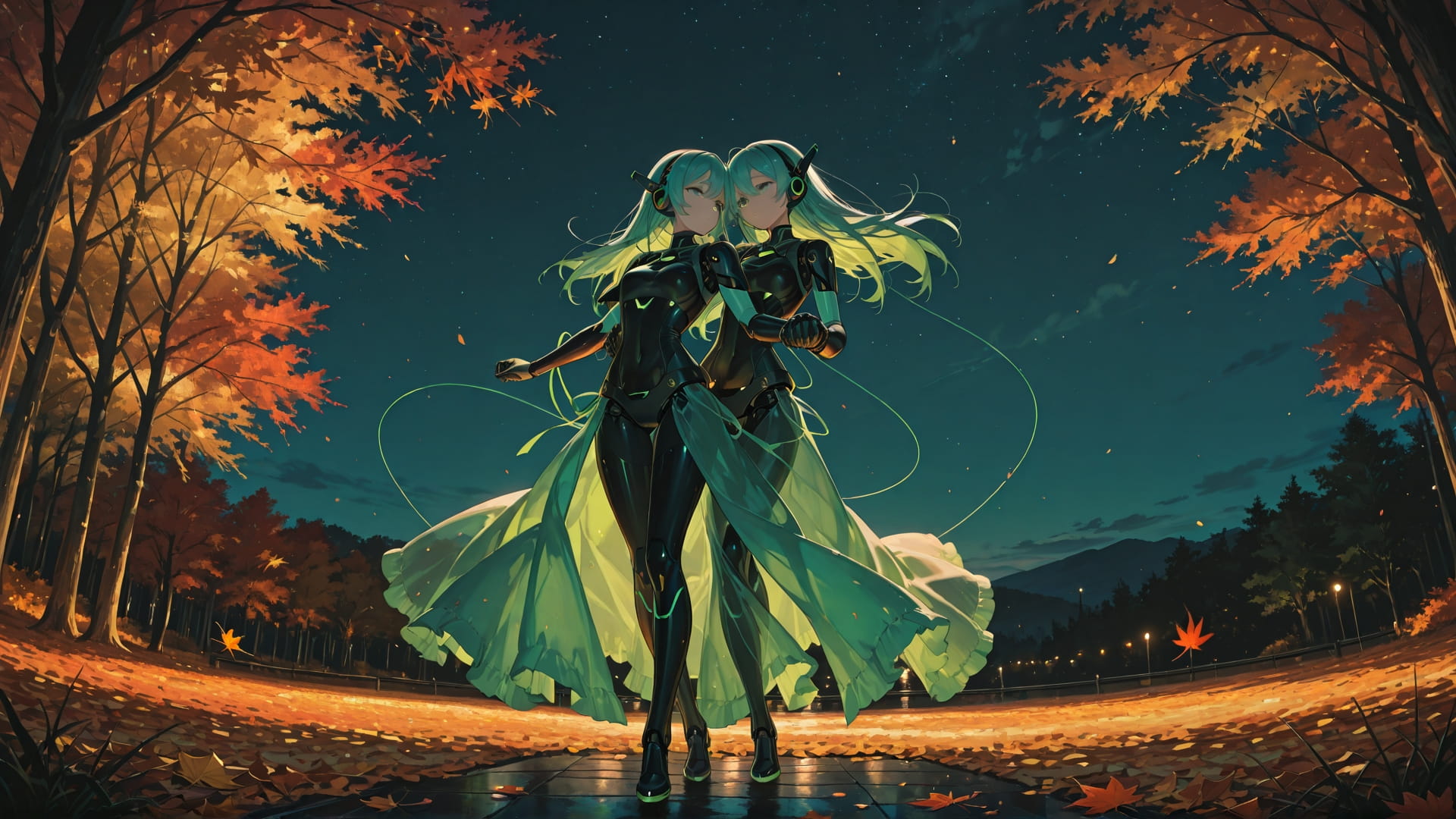 Green Night Sky Dance smartphone wallpaper free download, vertical 16:9 format, Green, Night, Sky, Autumn