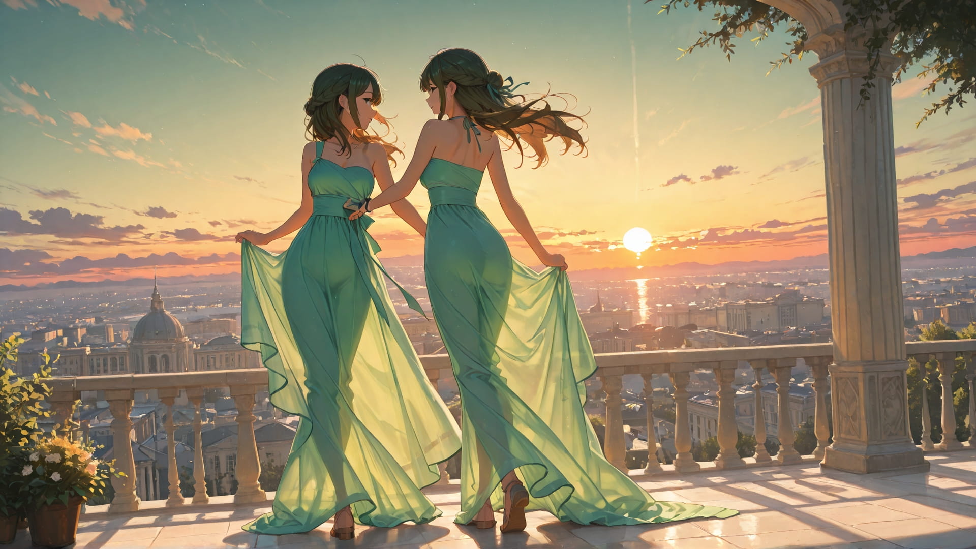 Green Sunset City Dance smartphone wallpaper free download, vertical 16:9 format, Green, Sunset, City, Spring 001