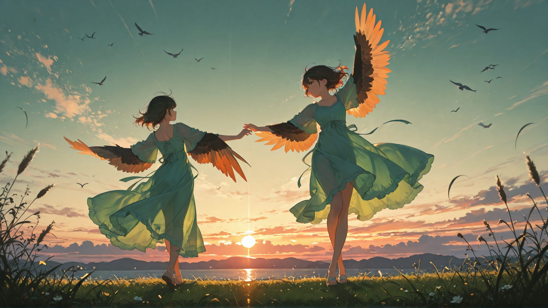 Green Sunset Sky Dance smartphone wallpaper free download, vertical 16:9 format, Green, Sunset, Sky, Spring