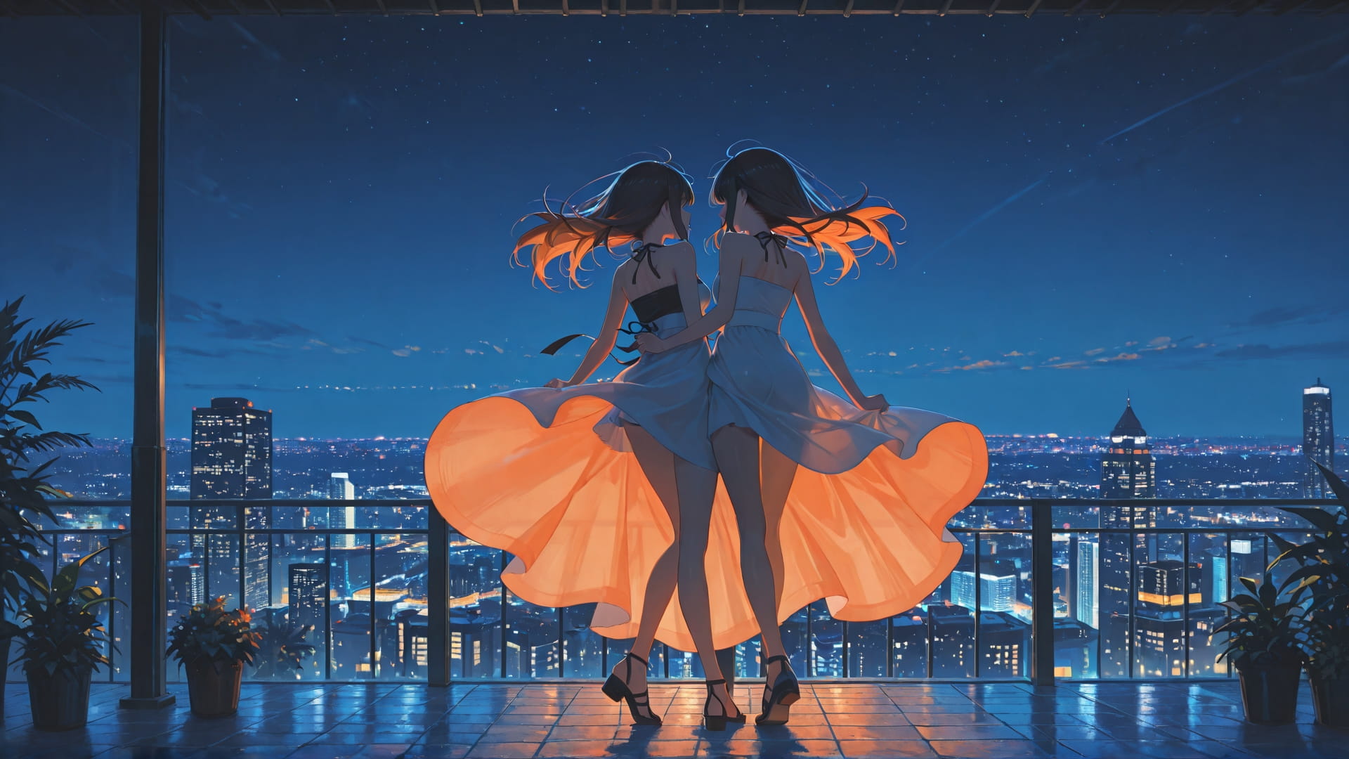 Orange Night City Dance smartphone wallpaper free download, vertical 16:9 format, Orange, Night, City, Summer 001
