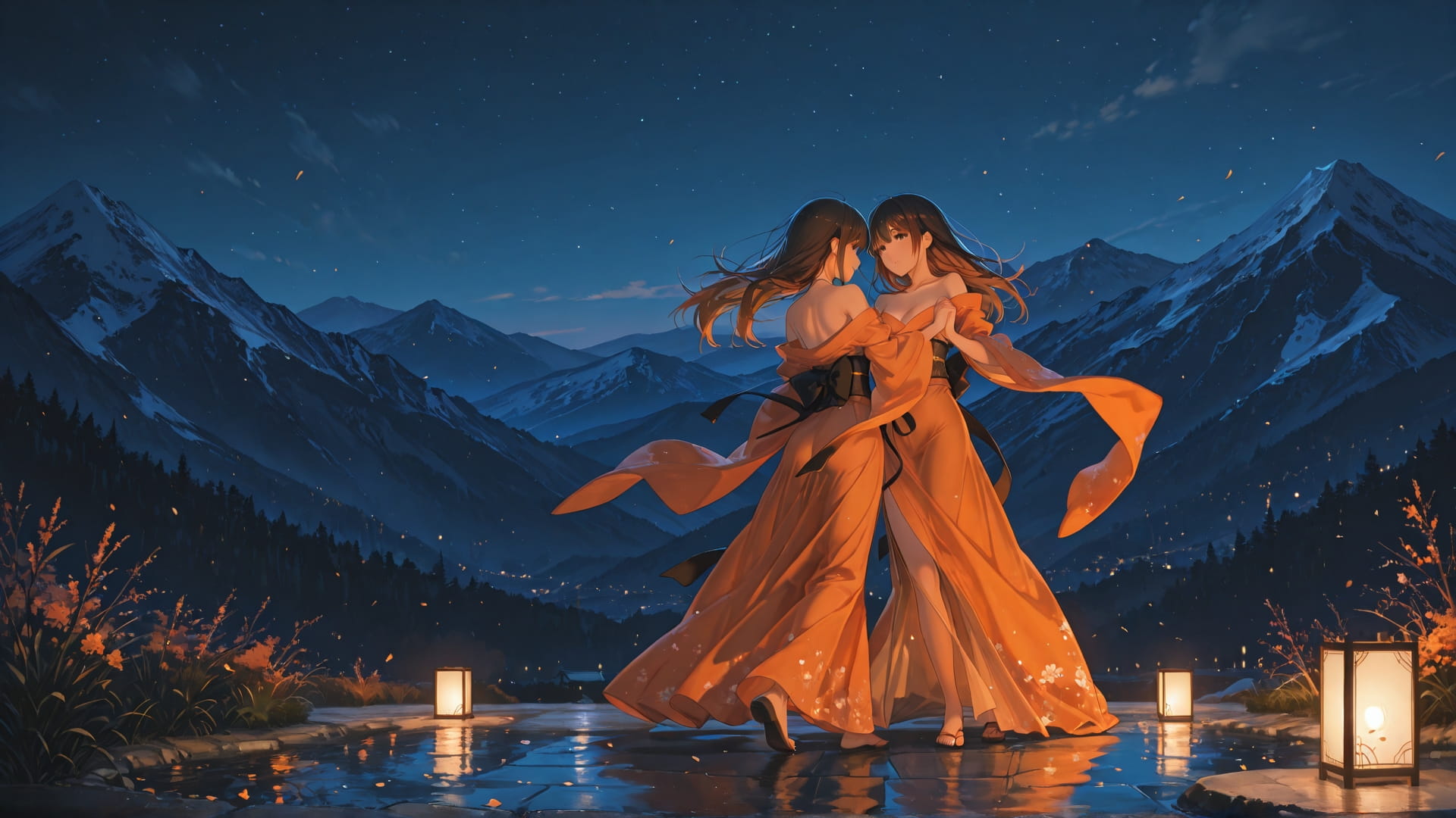 Orange Night Mountain Dance smartphone wallpaper free download, vertical 16:9 format, Orange, Night, Mountain, Spring 001