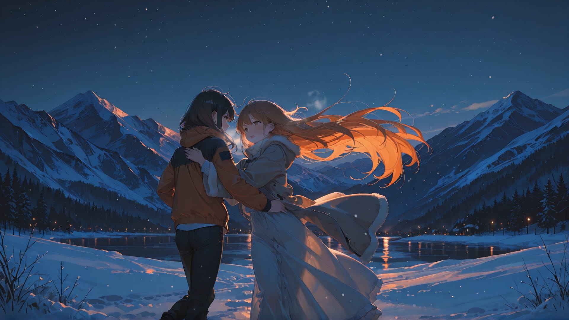 Orange Night Mountain Dance smartphone wallpaper free download, vertical 16:9 format, Orange, Night, Mountain, Winter 001