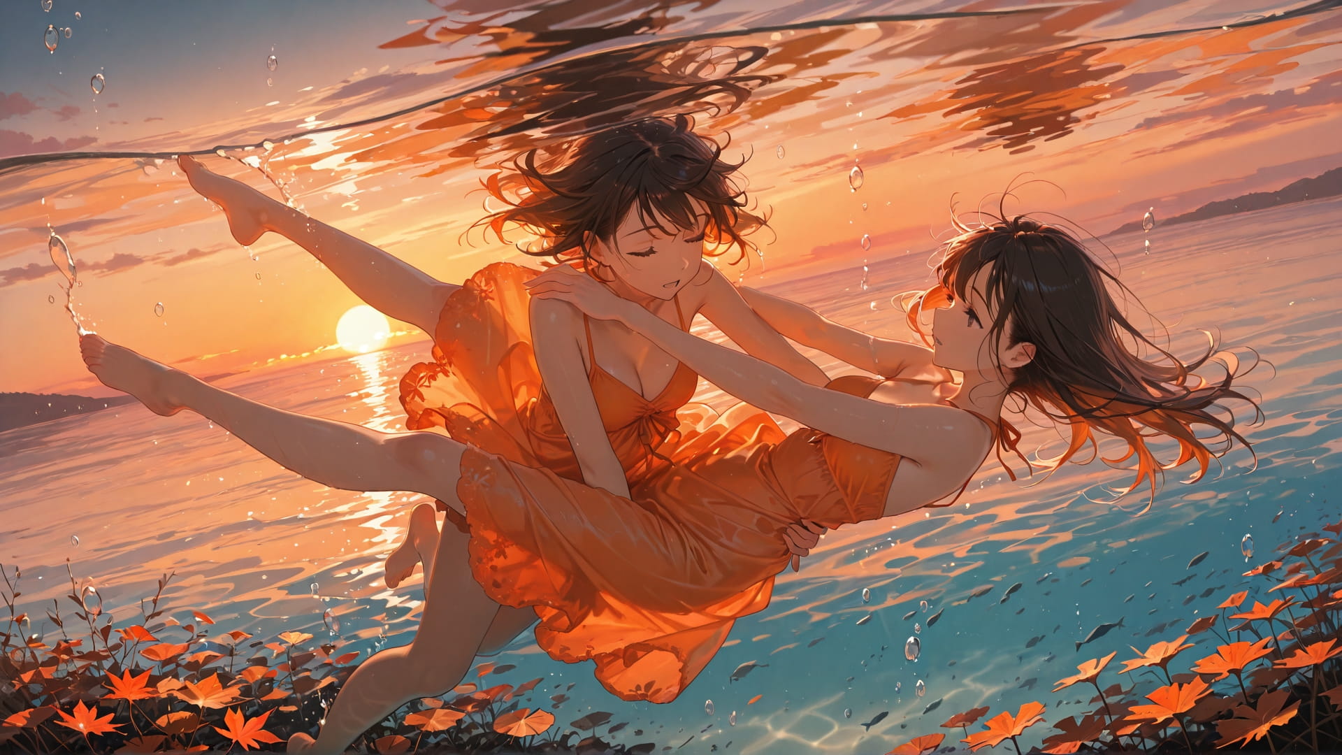 Orange Sunset Sea Dance smartphone wallpaper free download, vertical 16:9 format, Orange, Sunset, Sea, Autumn