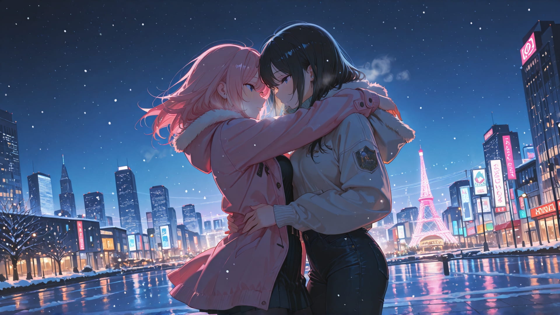 Pink Night City Dance smartphone wallpaper free download, vertical 16:9 format, Pink, Night, City, Winter 001