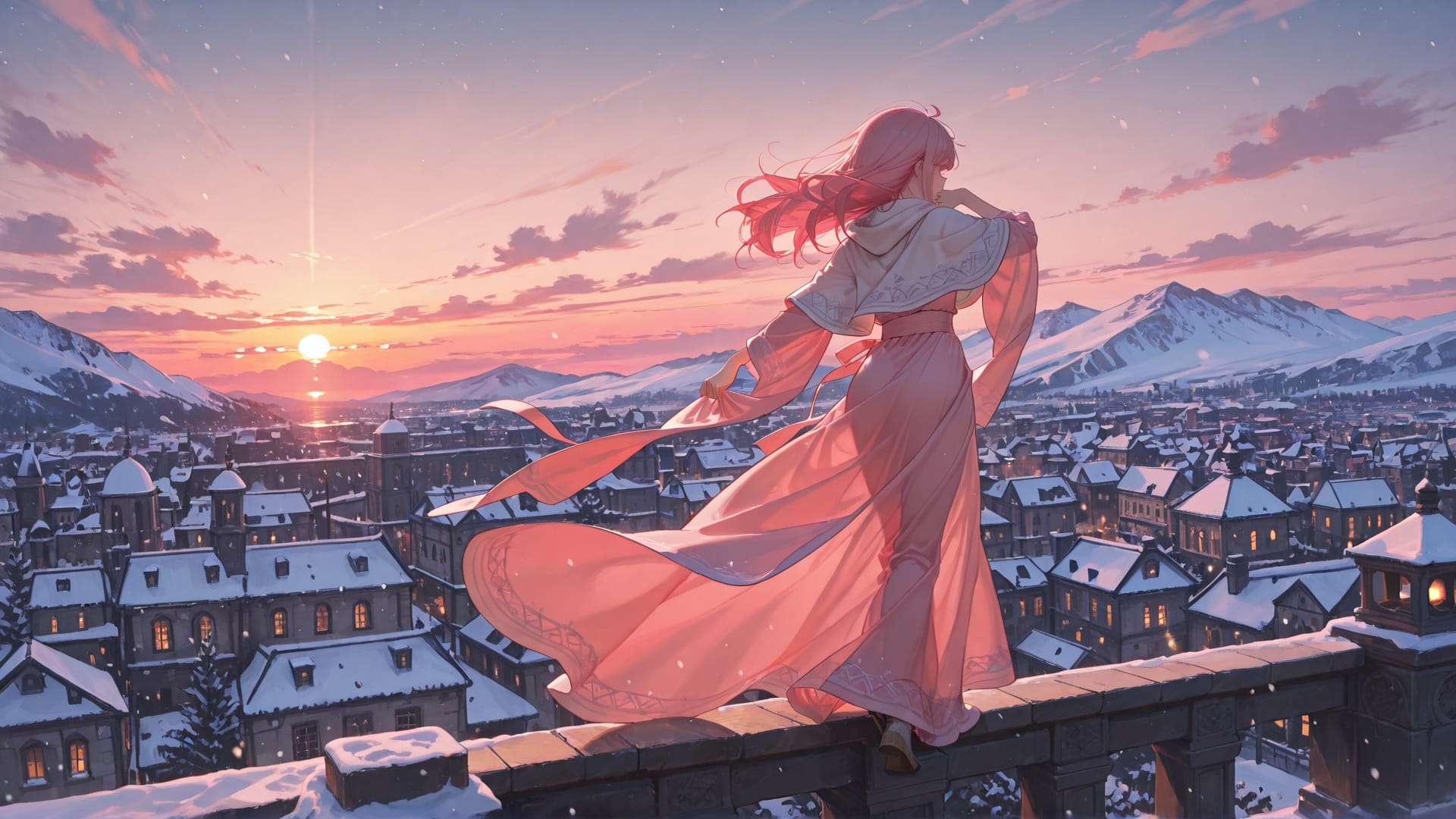 Pink Sunset City Dance smartphone wallpaper free download, vertical 16:9 format, Pink, Sunset, City, Winter 001