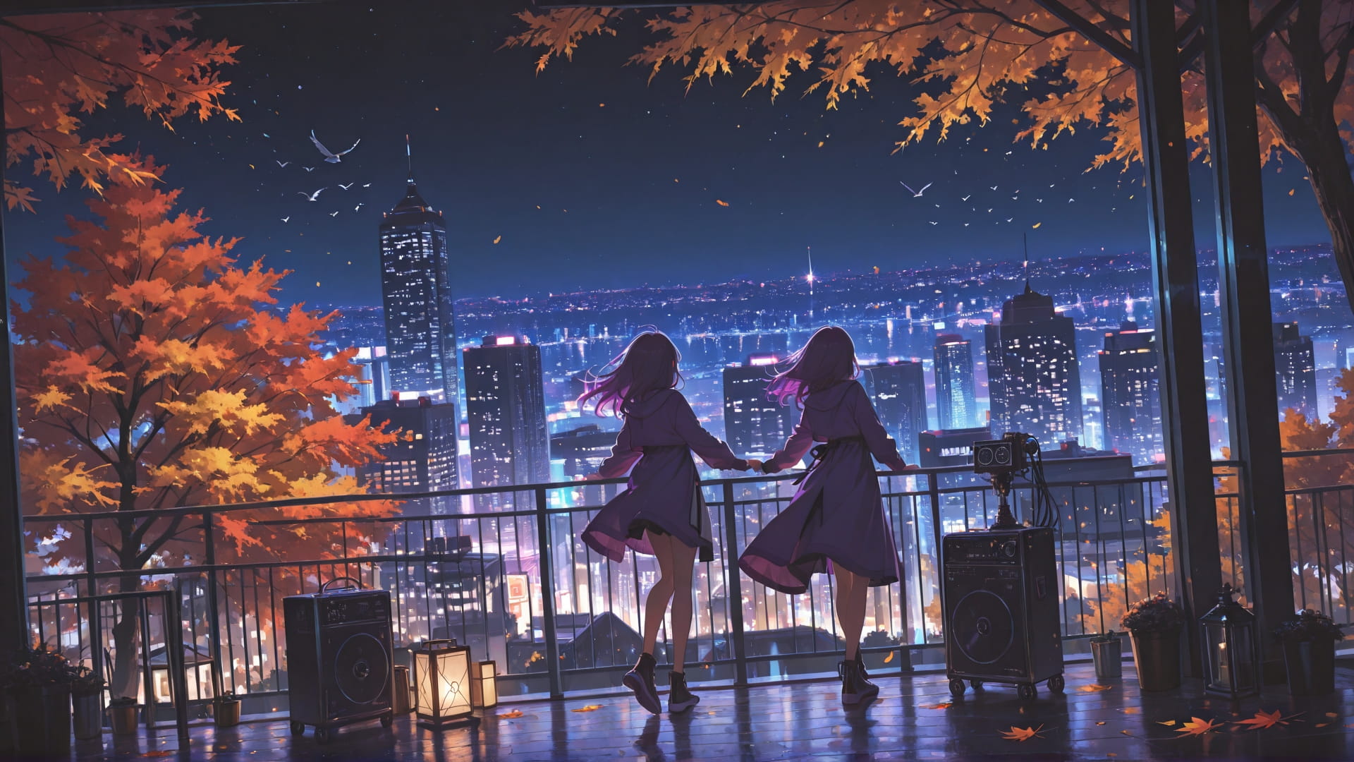 Purple Night City Dance smartphone wallpaper free download, vertical 16:9 format, Purple, Night, City, Autumn