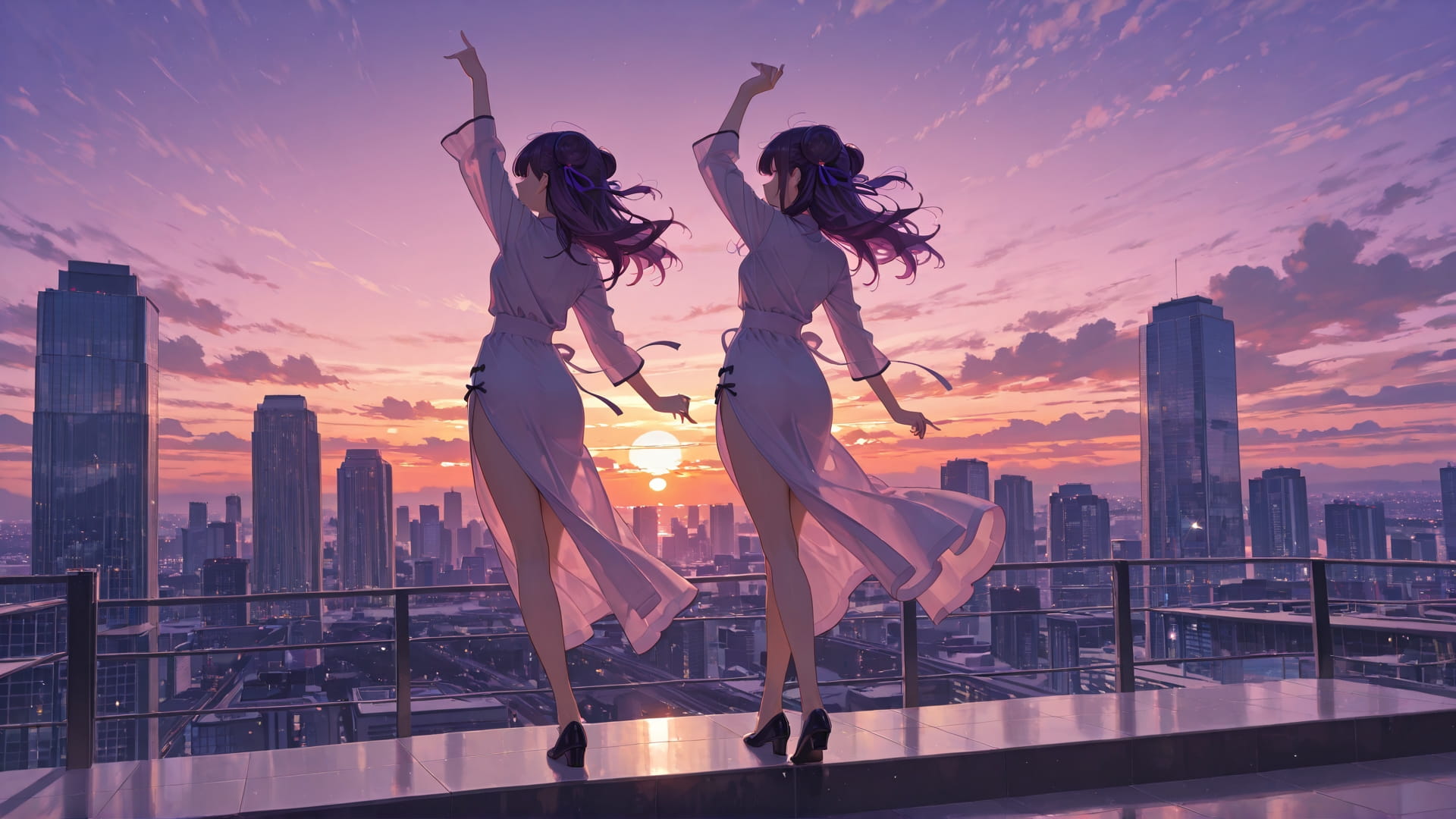 Purple Sunset City Dance smartphone wallpaper free download, vertical 16:9 format, Purple, Sunset, City, Spring 001