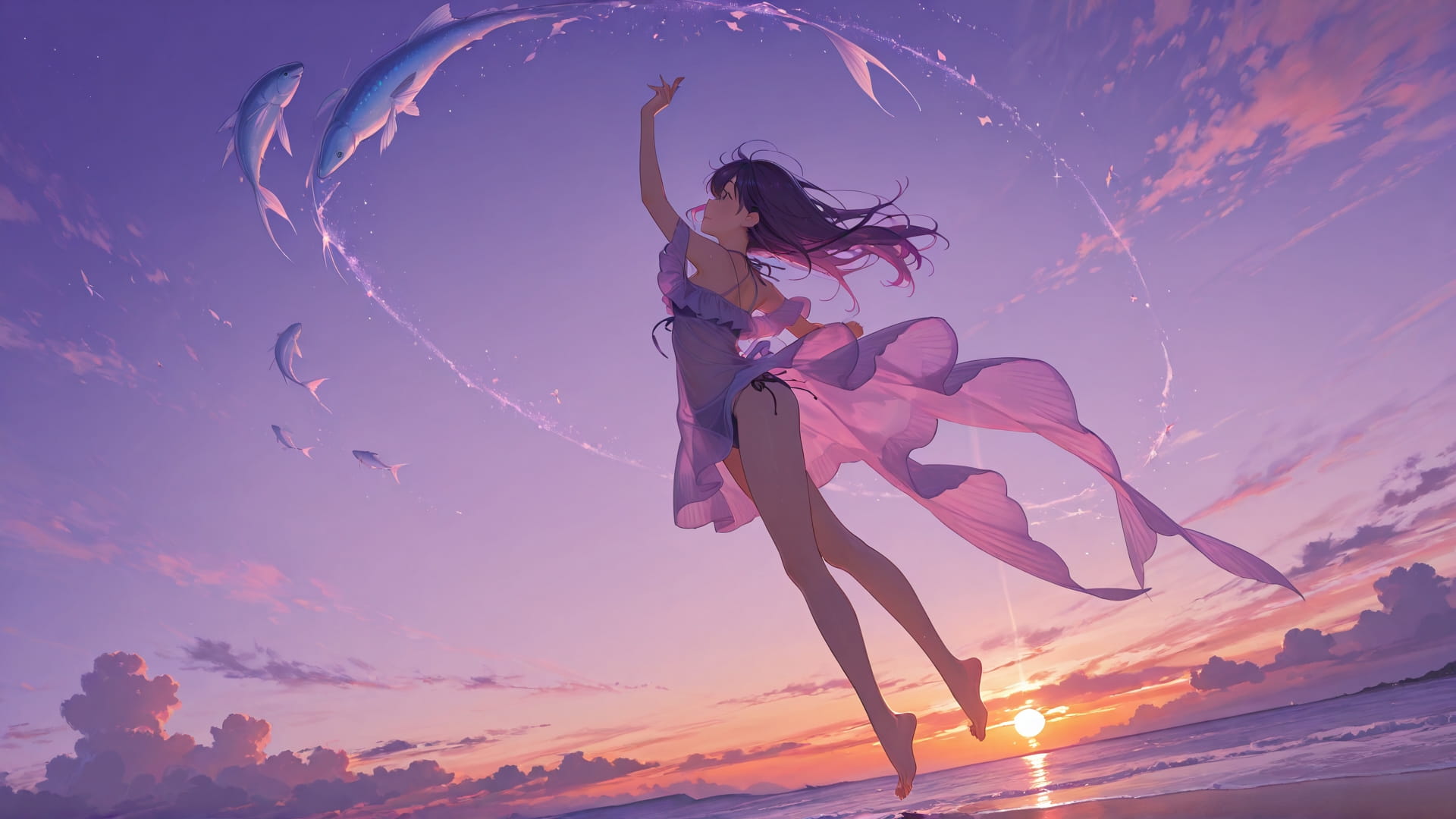 Purple Sunset Sky Dance smartphone wallpaper free download, vertical 16:9 format, Purple, Sunset, Sky, Summer