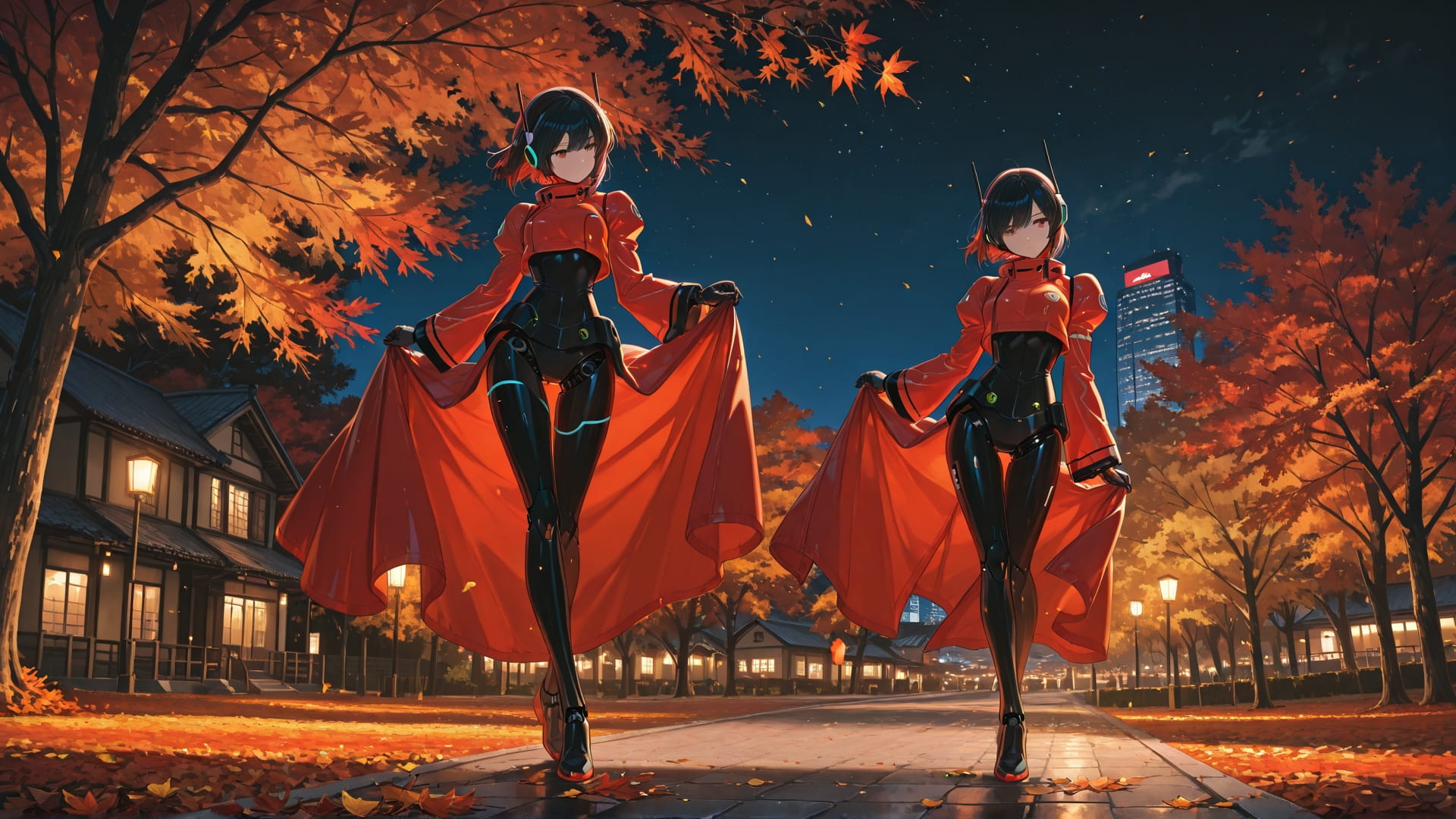 Red Night City Dance smartphone wallpaper free download, vertical 16:9 format, Red, Night, City, Autumn