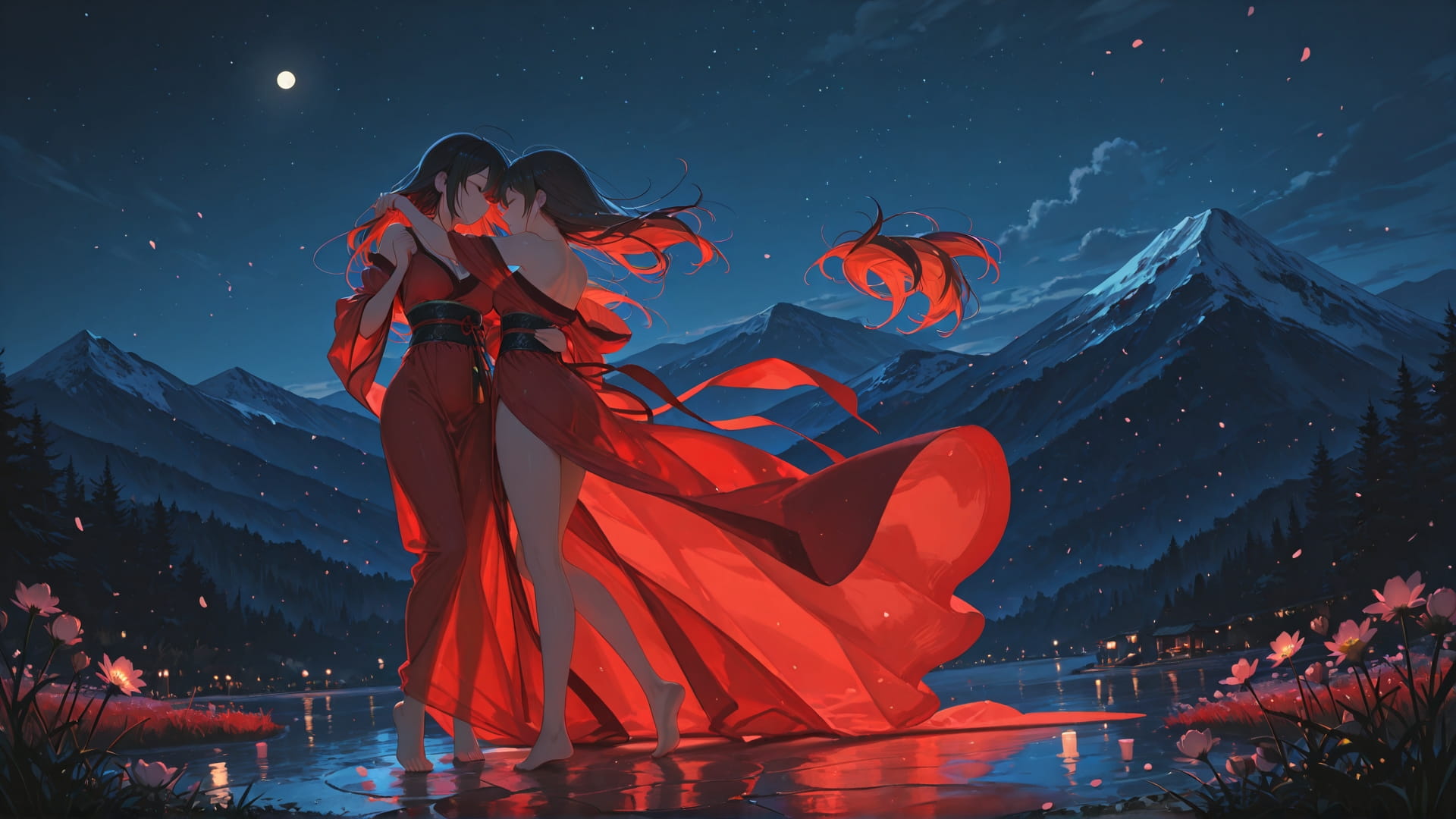 Red Night Mountain Dance smartphone wallpaper free download, vertical 16:9 format, Red, Night, Mountain, Spring 001