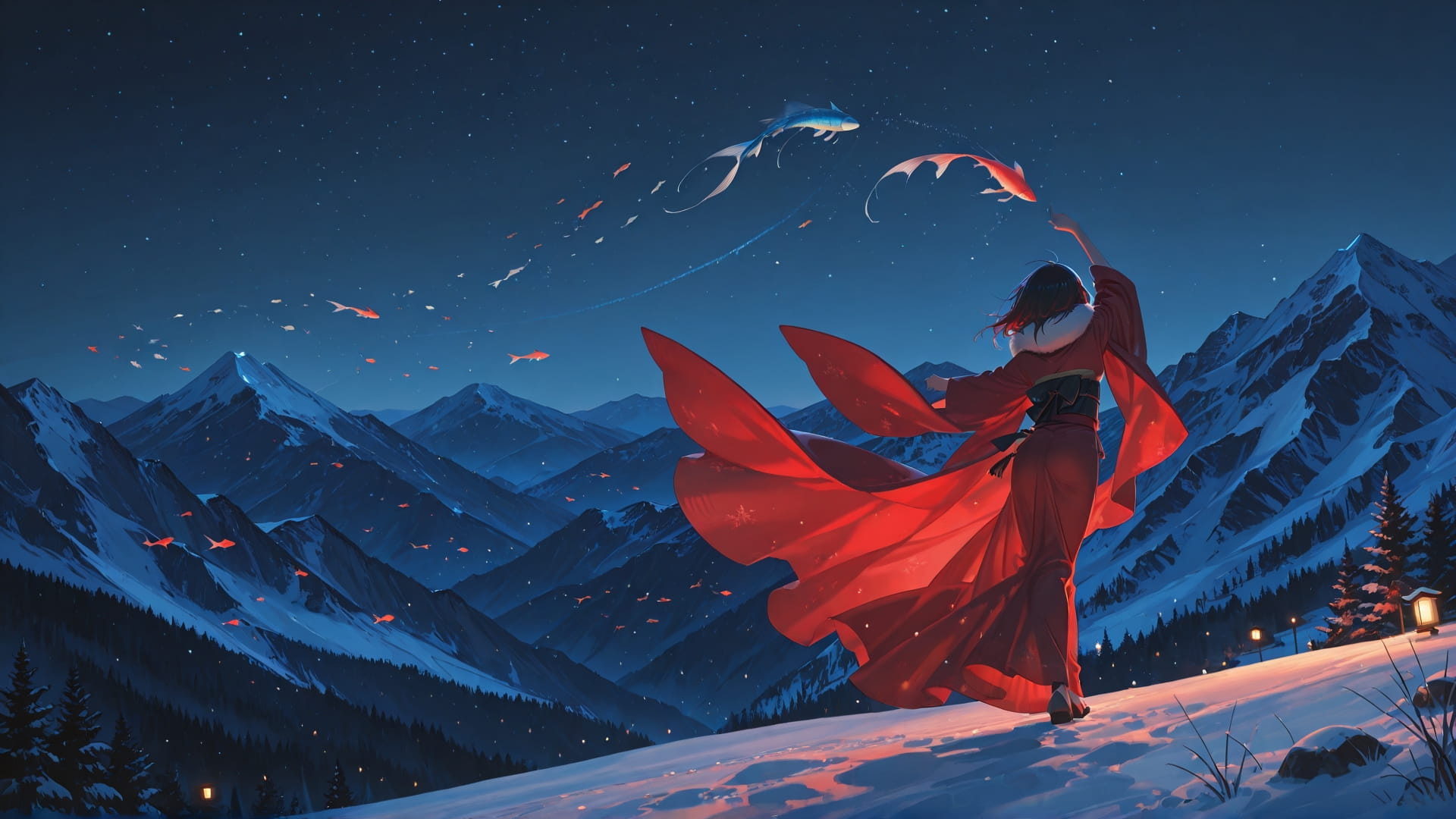 Red Night Mountain Dance smartphone wallpaper free download, vertical 16:9 format, Red, Night, Mountain, Winter