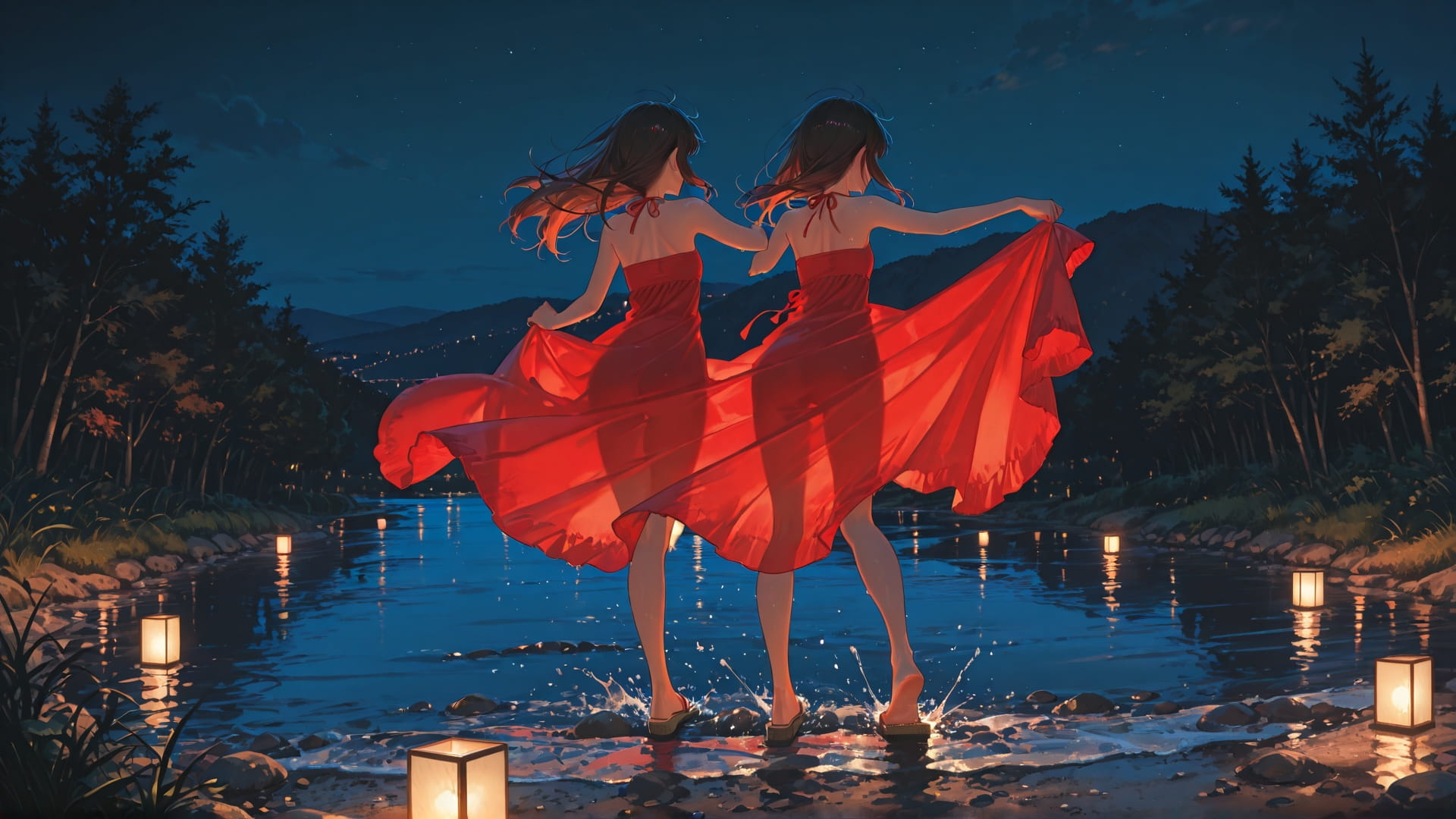 Red Night Sea Dance smartphone wallpaper free download, vertical 16:9 format, Red, Night, Sea, Summer 001