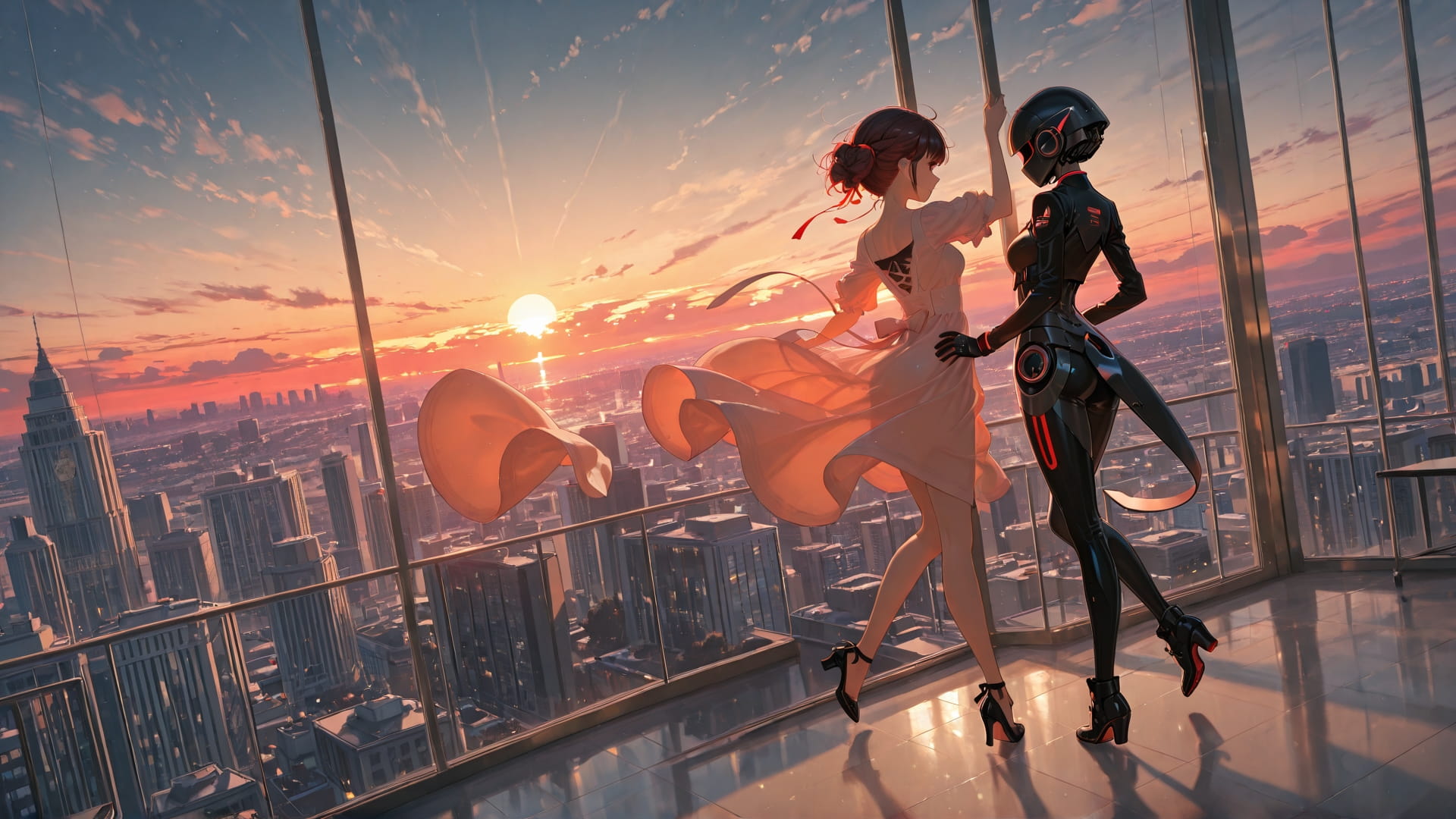 Red Sunset City Dance smartphone wallpaper free download, vertical 16:9 format, Red, Sunset, City, Spring