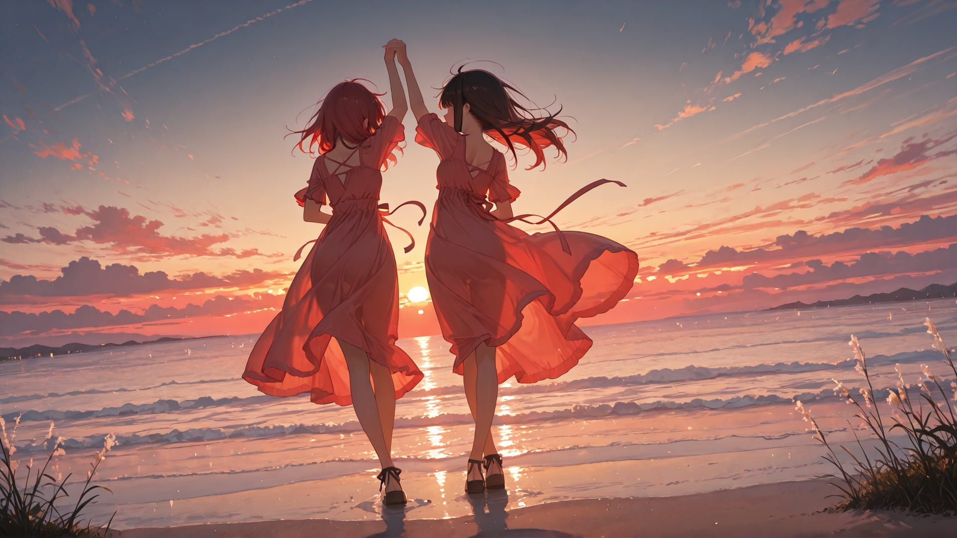 Red Sunset Sky Dance smartphone wallpaper free download, vertical 16:9 format, Red, Sunset, Sky, Spring 001