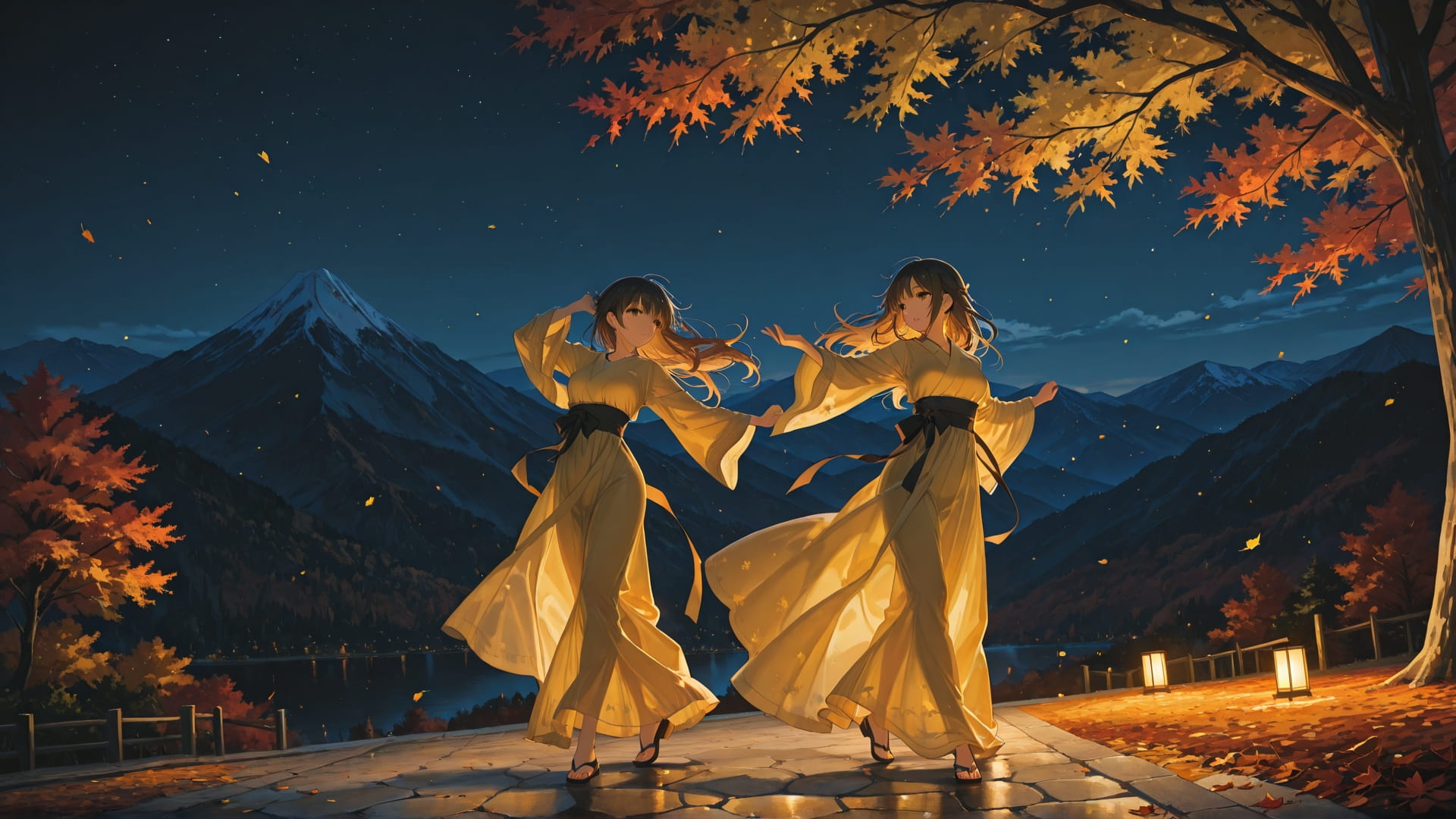 Yellow Night Mountain Dance smartphone wallpaper free download, vertical 9:16 format, Yellow, Night, Mountain, Autumn 001