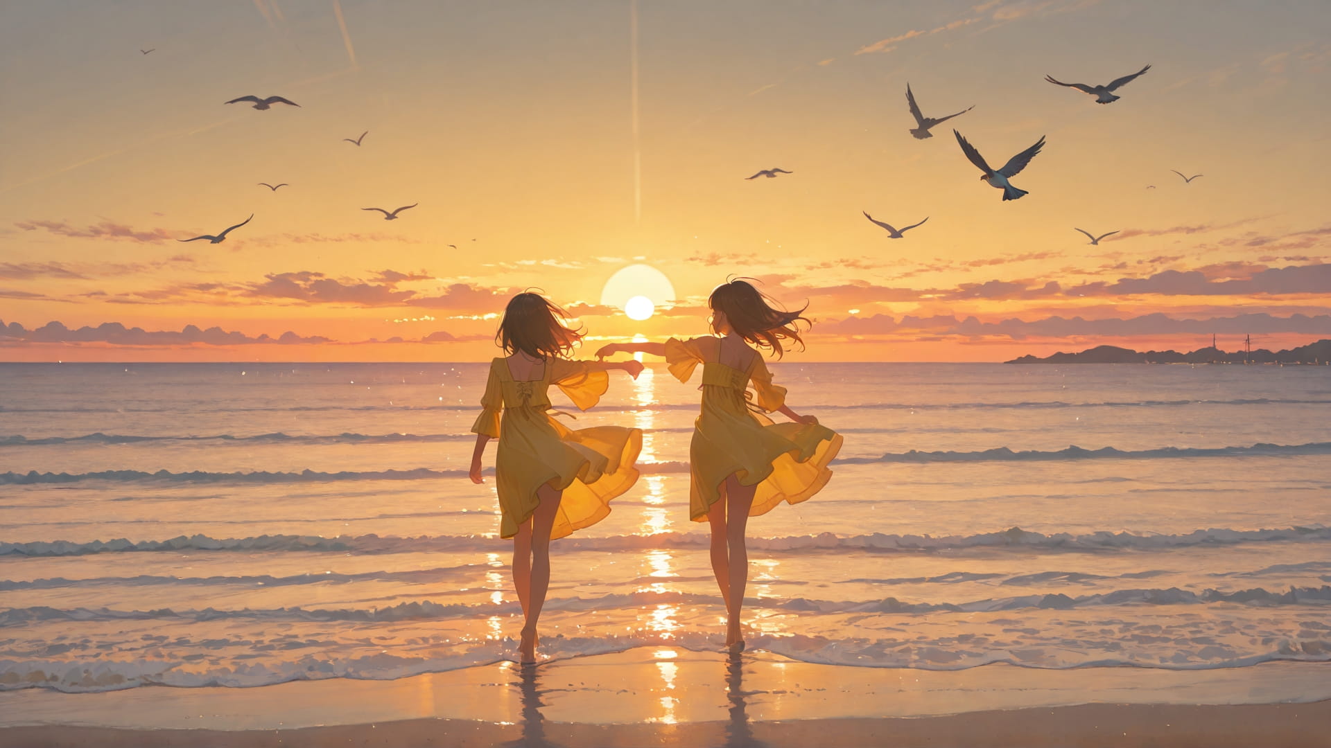 Yellow Sunset Sea Dance smartphone wallpaper free download, vertical 16:9 format, Yellow, Sunset, Sea, Spring