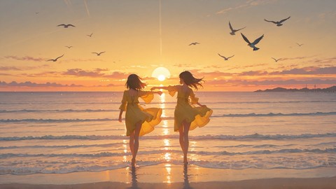 Yellow Sunset Sea Dance smartphone wallpaper free download, vertical 9:16 format, Yellow, Sunset, Sea, Spring