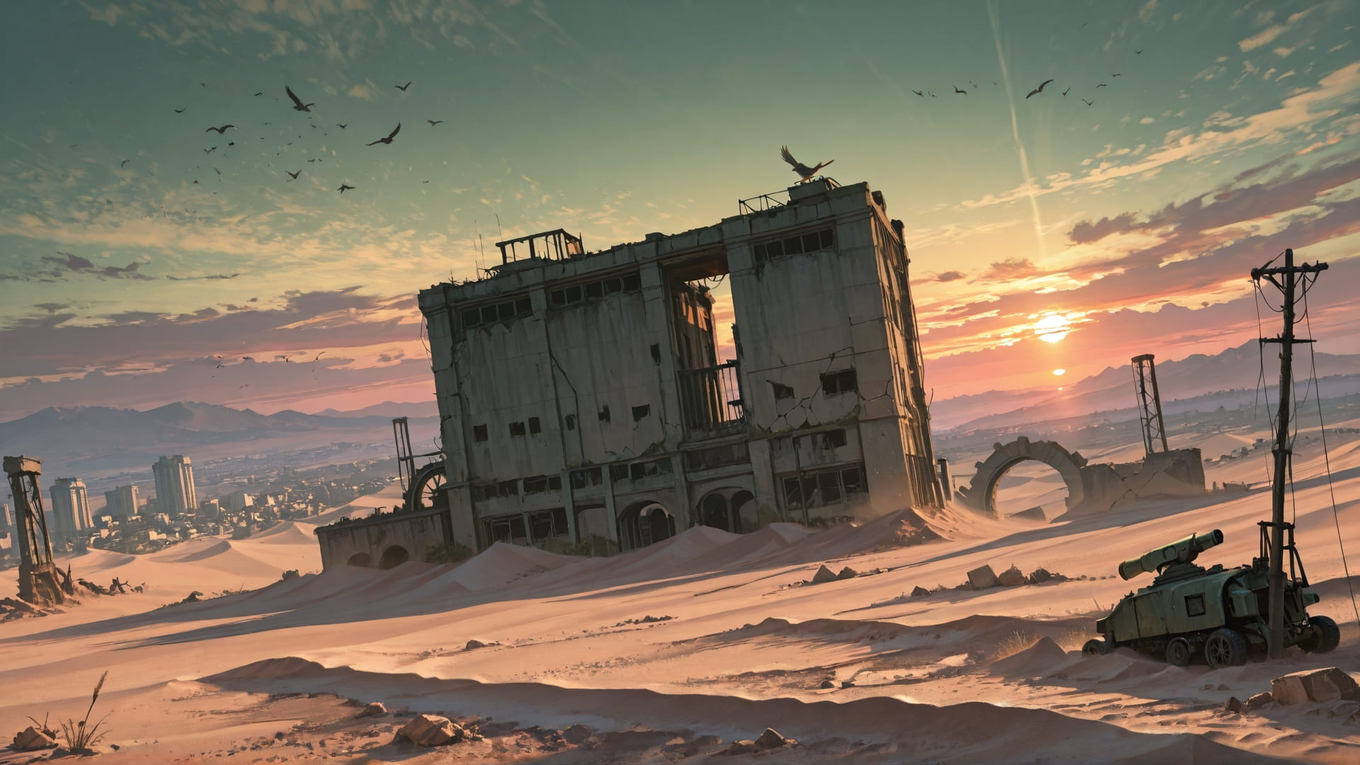 Green Sunset City Desert smartphone wallpaper free download, vertical 16:9 format, Green, Sunset, City, Spring