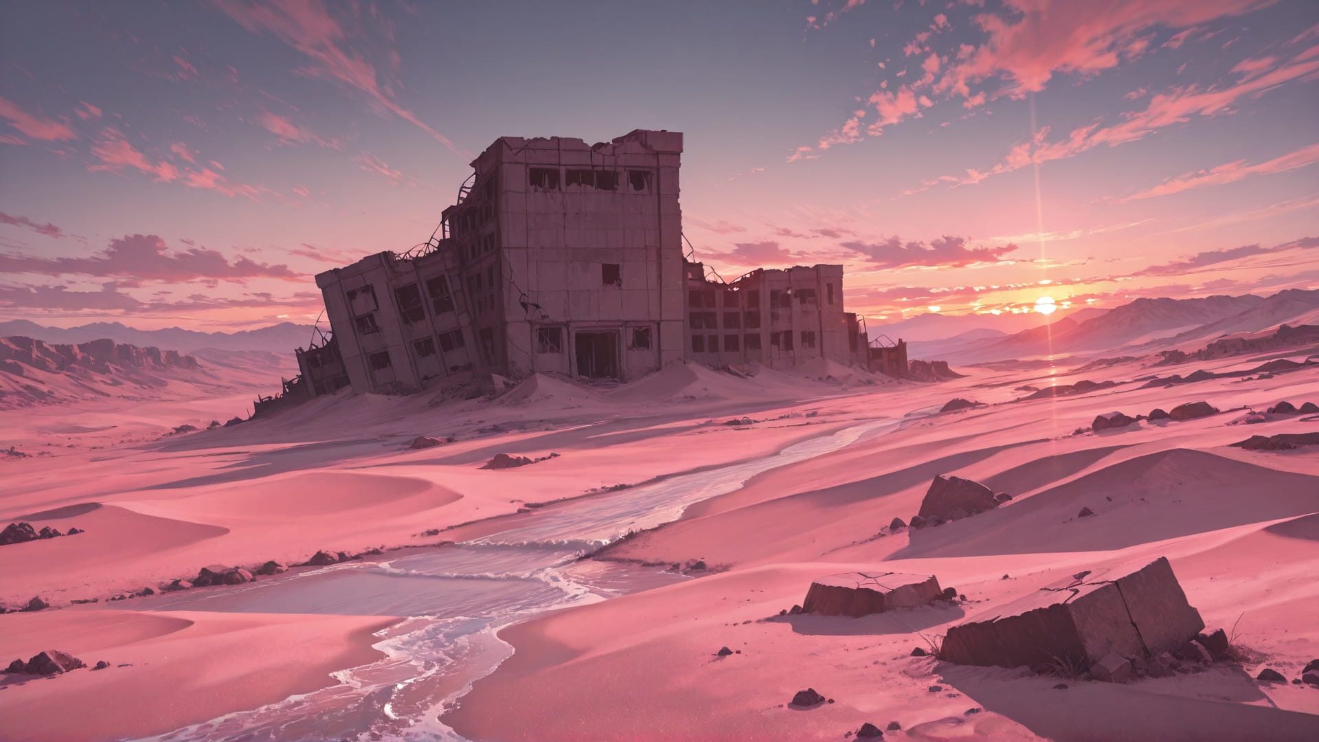 Pink Sunset Sea Desert smartphone wallpaper free download, vertical 16:9 format, Pink, Sunset, Sea, Winter 001