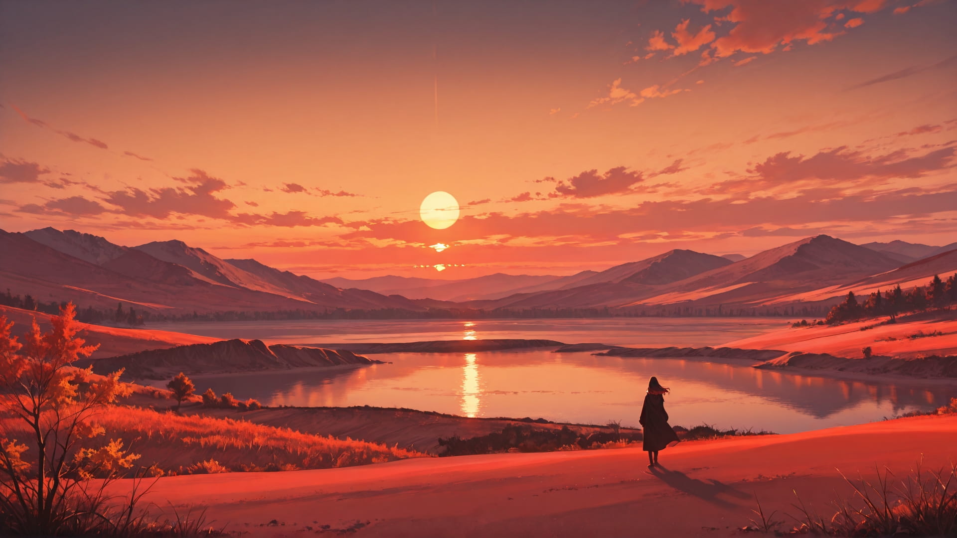 Red Sunset Sea Desert smartphone wallpaper free download, vertical 16:9 format, Red, Sunset, Sea, Autumn 001