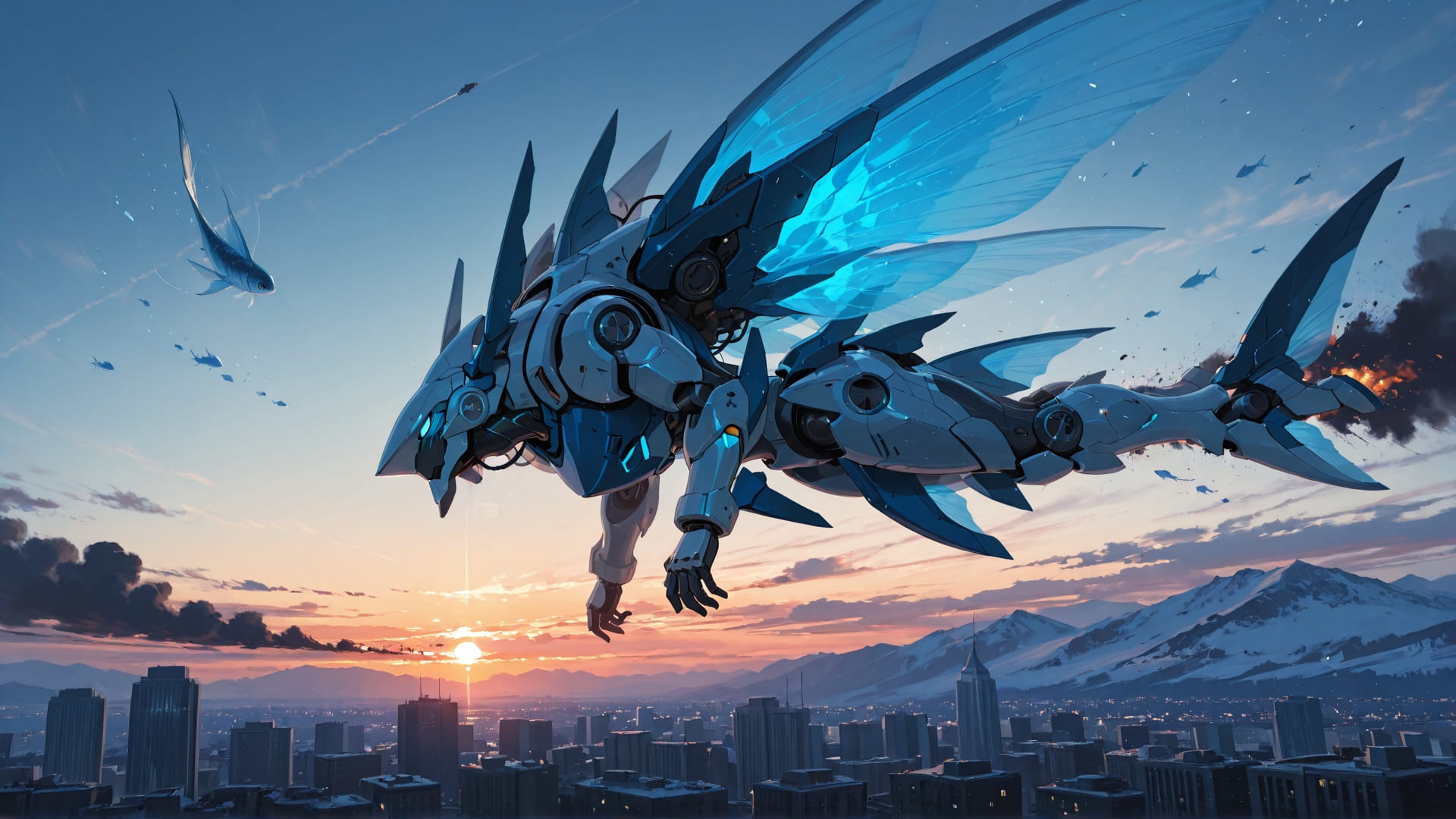 Blue Sunset City Disaster smartphone wallpaper free download, vertical 16:9 format, Blue, Sunset, City, Winter