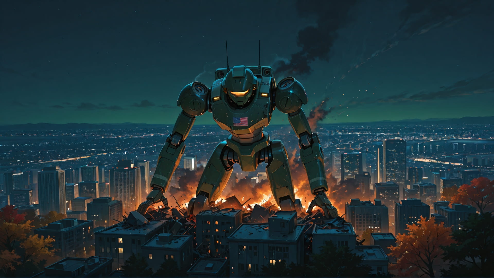 Green Night City Disaster smartphone wallpaper free download, vertical 16:9 format, Green, Night, City, Autumn