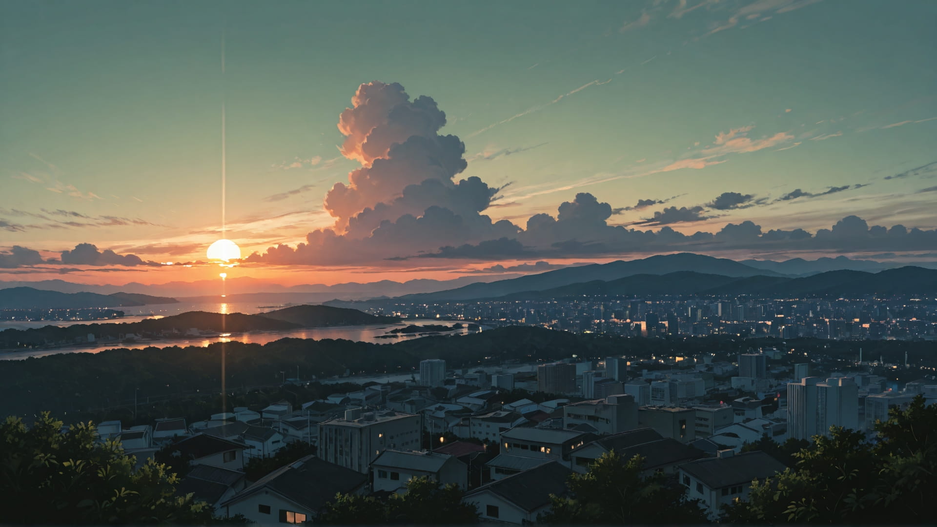 Green Sunset City Disaster smartphone wallpaper free download, vertical 16:9 format, Green, Sunset, City, Summer 001