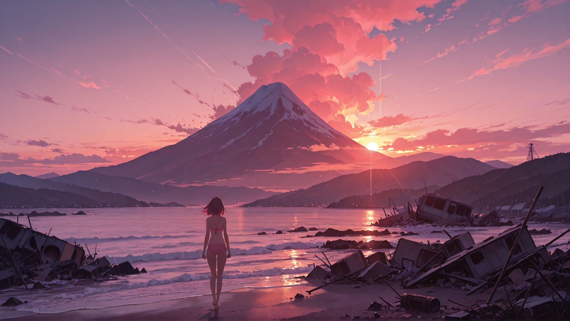 Pink Sunset Mountain Disaster smartphone wallpaper free download, vertical 16:9 format, Pink, Sunset, Mountain, Summer