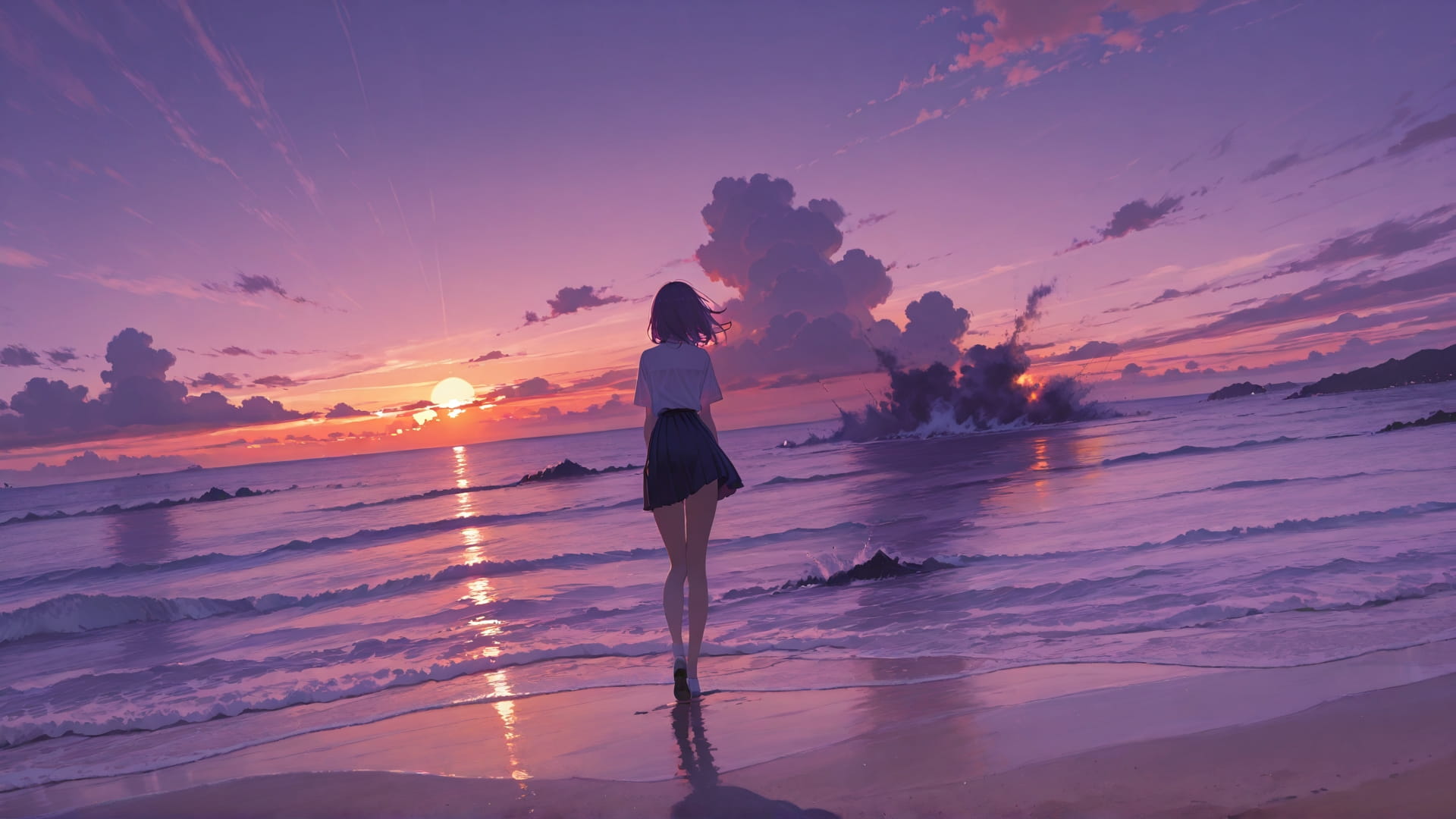 Purple Sunset Sea Disaster smartphone wallpaper free download, vertical 16:9 format, Purple, Sunset, Sea, Spring