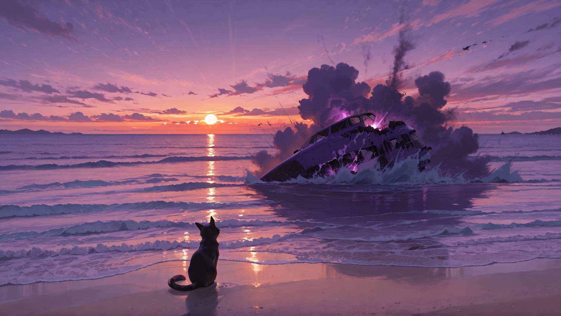 Purple Sunset Sea Disaster smartphone wallpaper free download, vertical 16:9 format, Purple, Sunset, Sea, Spring