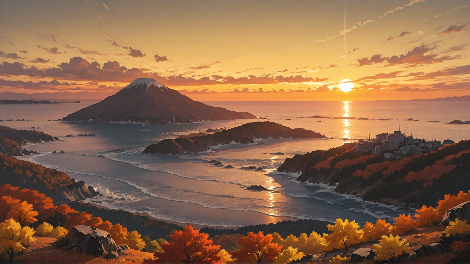 Yellow Sunset Sea Disaster smartphone wallpaper free download, vertical 16:9 format, Yellow, Sunset, Sea, Autumn 001