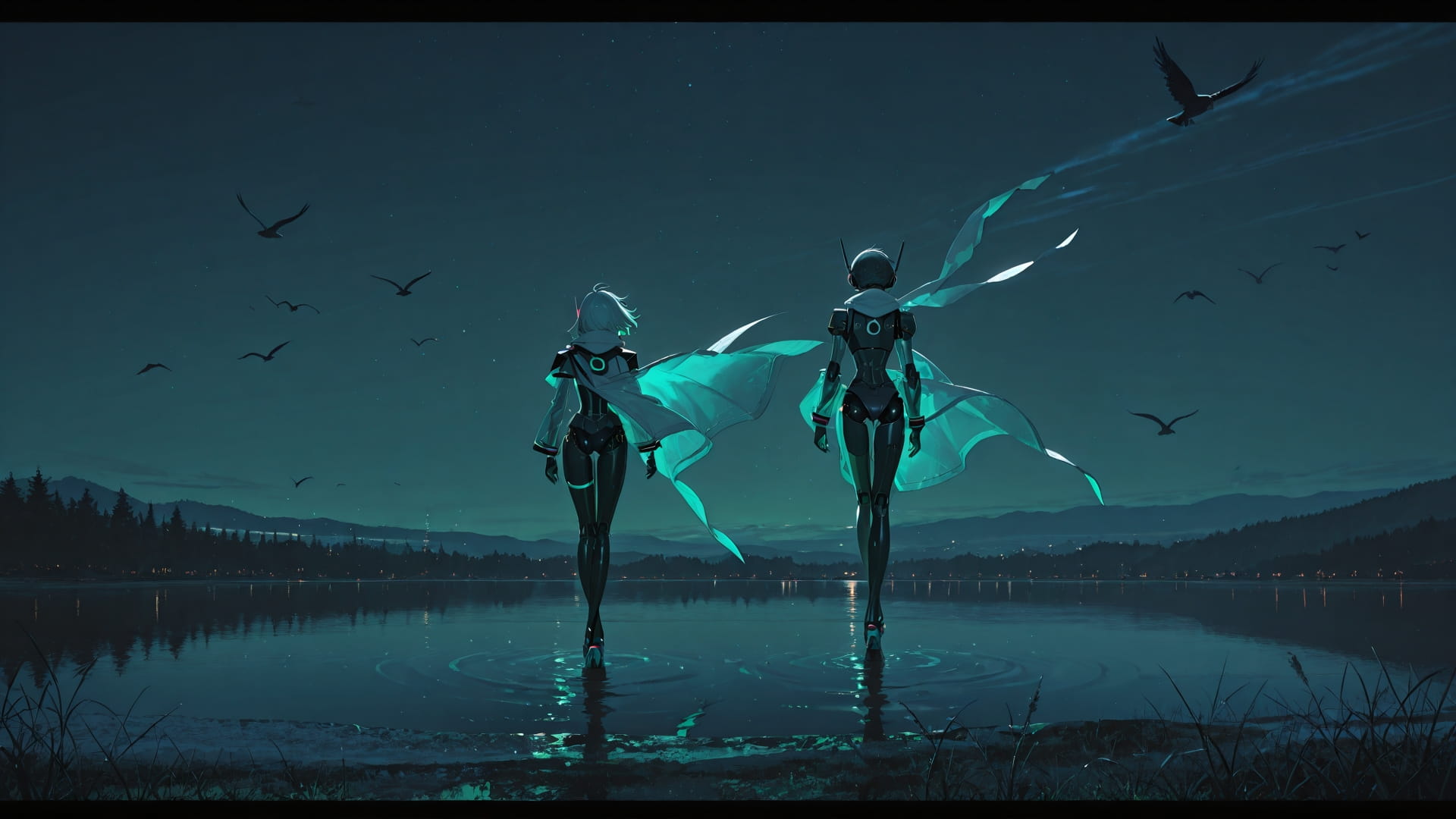 Green Night Sea DramaClub smartphone wallpaper free download, vertical 16:9 format, Green, Night, Sea, Winter