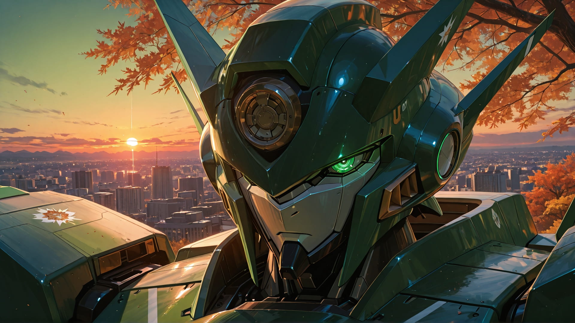 Green Sunset City DramaClub smartphone wallpaper free download, vertical 16:9 format, Green, Sunset, City, Autumn