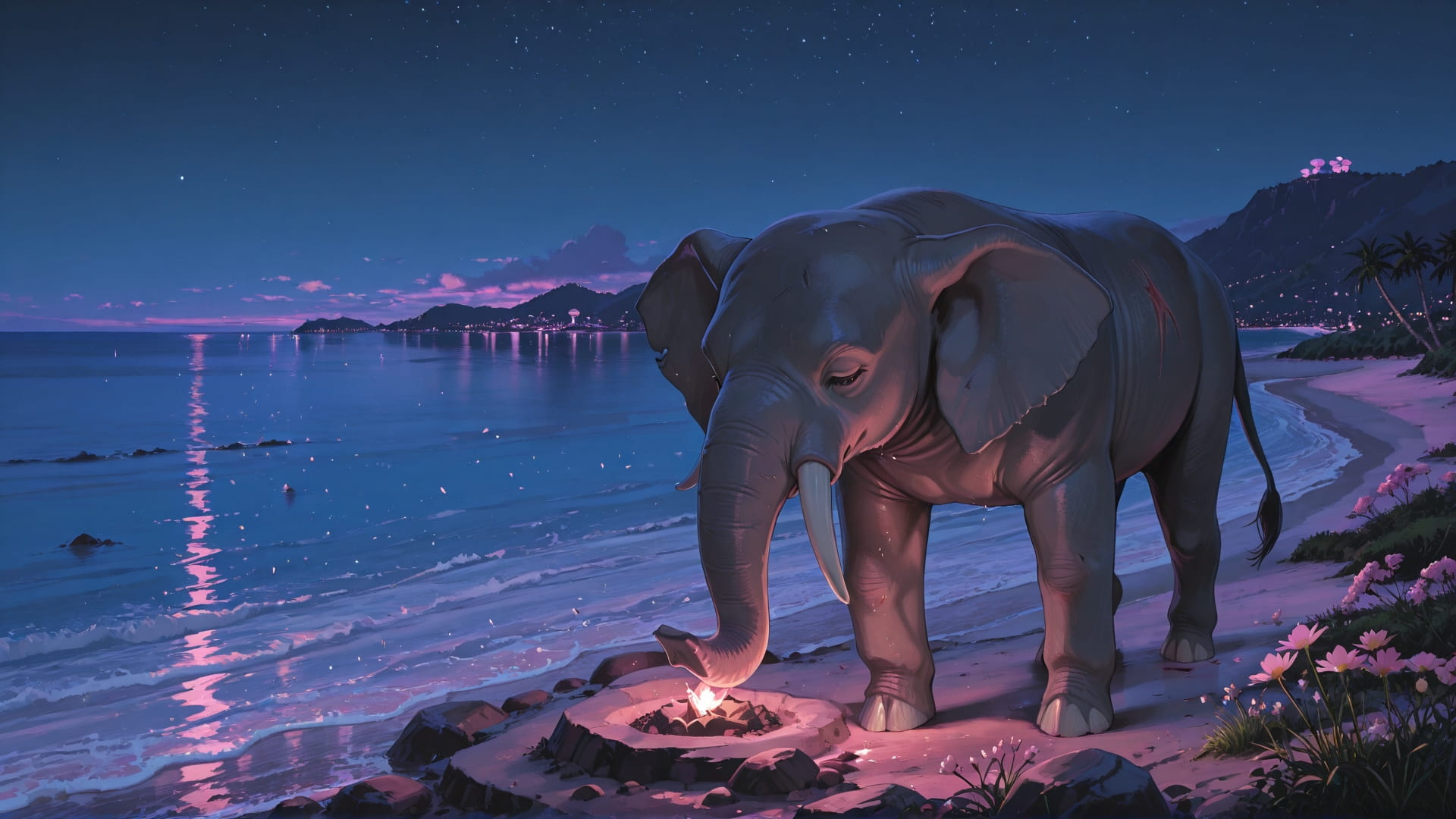 Pink Night Sea DramaClub smartphone wallpaper free download, vertical 16:9 format, Pink, Night, Sea, Spring