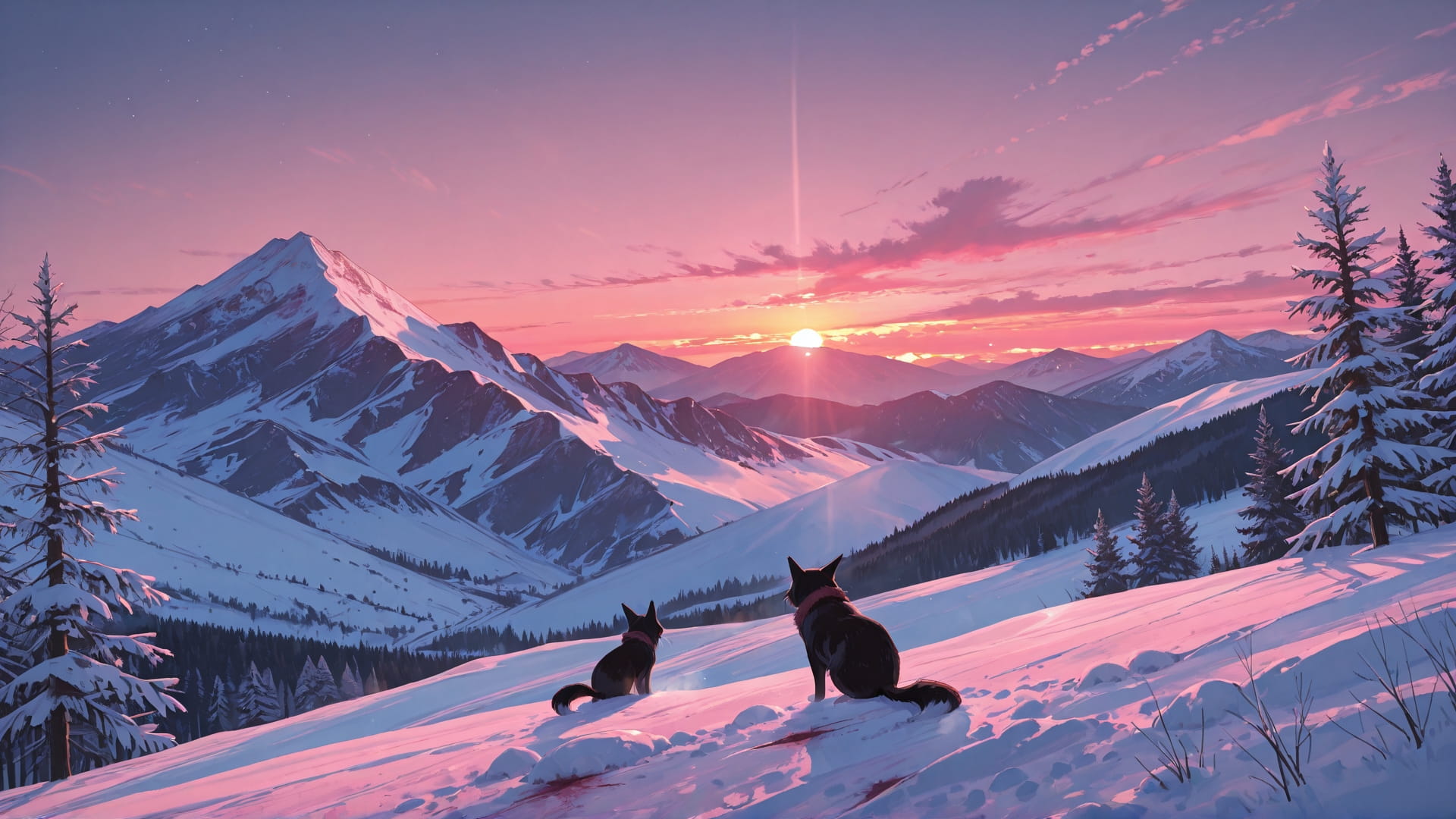 Pink Sunset Mountain DramaClub smartphone wallpaper free download, vertical 16:9 format, Pink, Sunset, Mountain, Winter 001