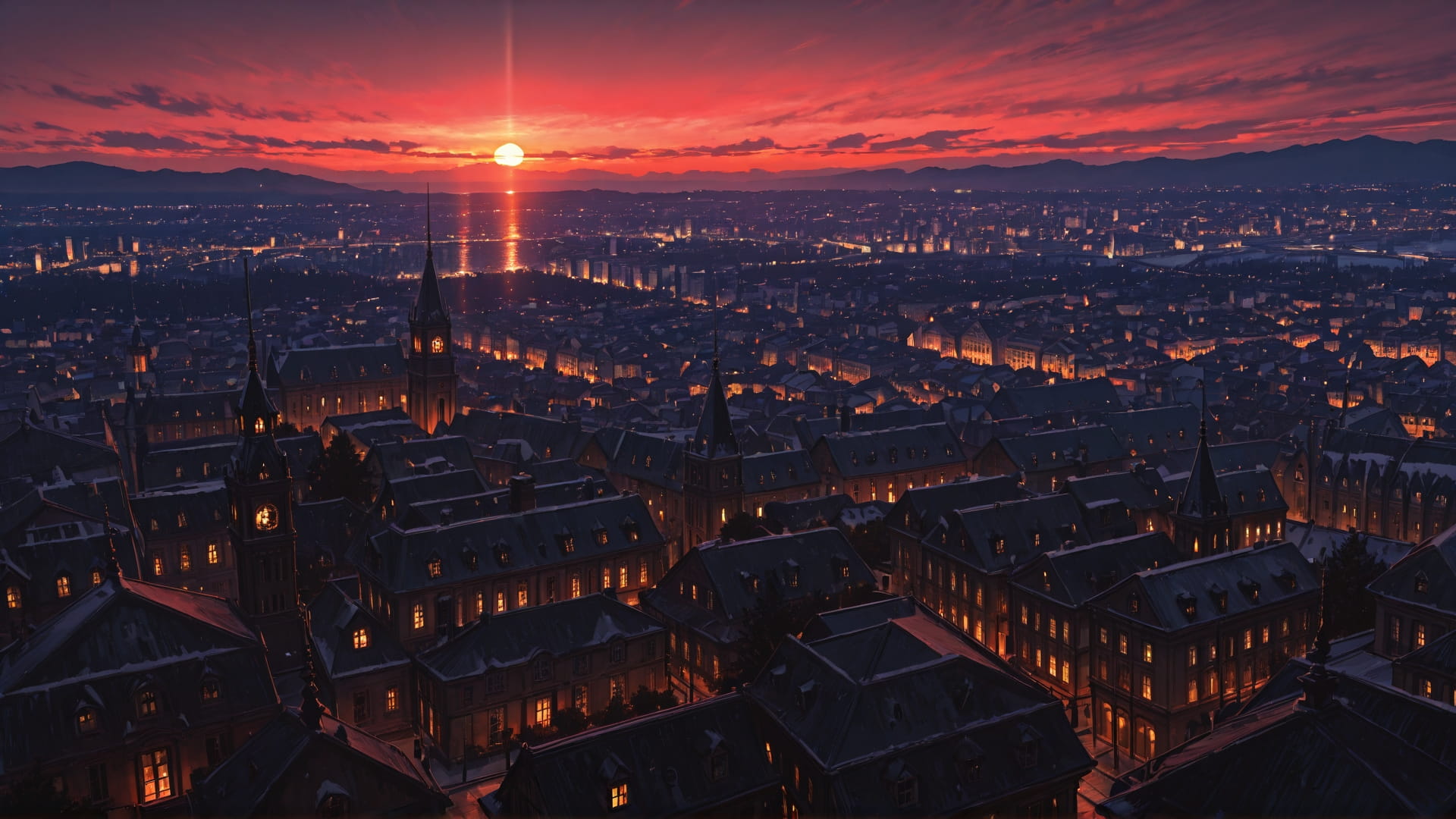 Red Sunset City DramaClub smartphone wallpaper free download, vertical 16:9 format, Red, Sunset, City, Winter 001