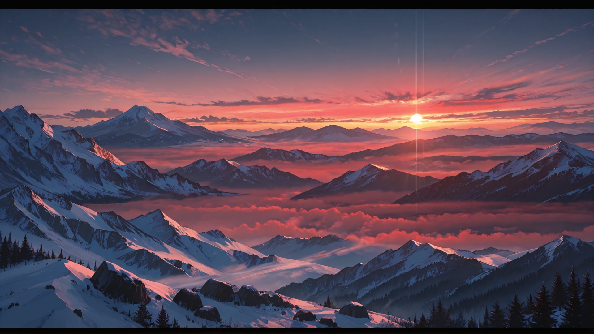 Red Sunset Mountain DramaClub smartphone wallpaper free download, vertical 16:9 format, Red, Sunset, Mountain, Winter 001